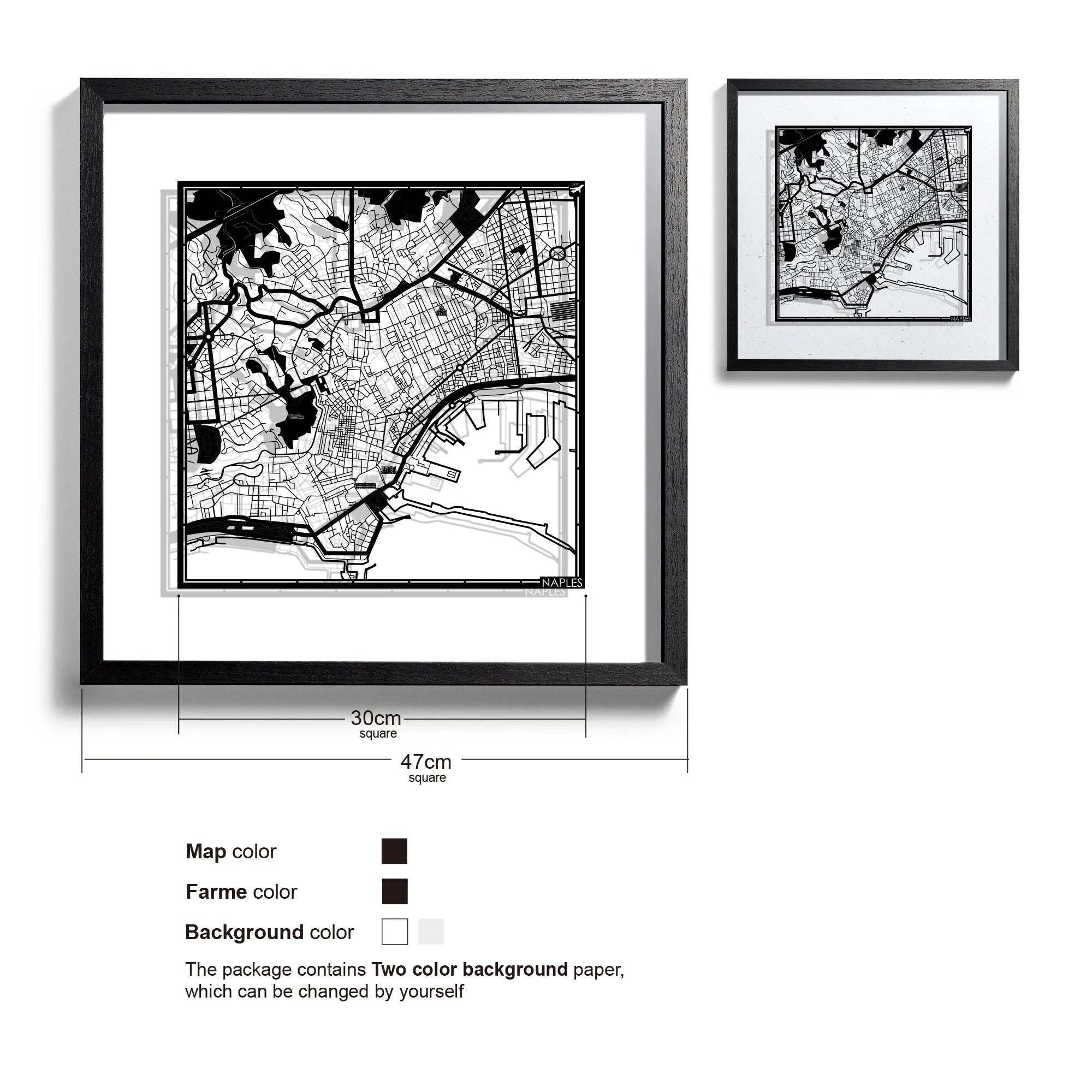 o3designstudio-Naples-Paper-cut-map-framed-18-inch-Black map / Black frame-45MF3055BB
