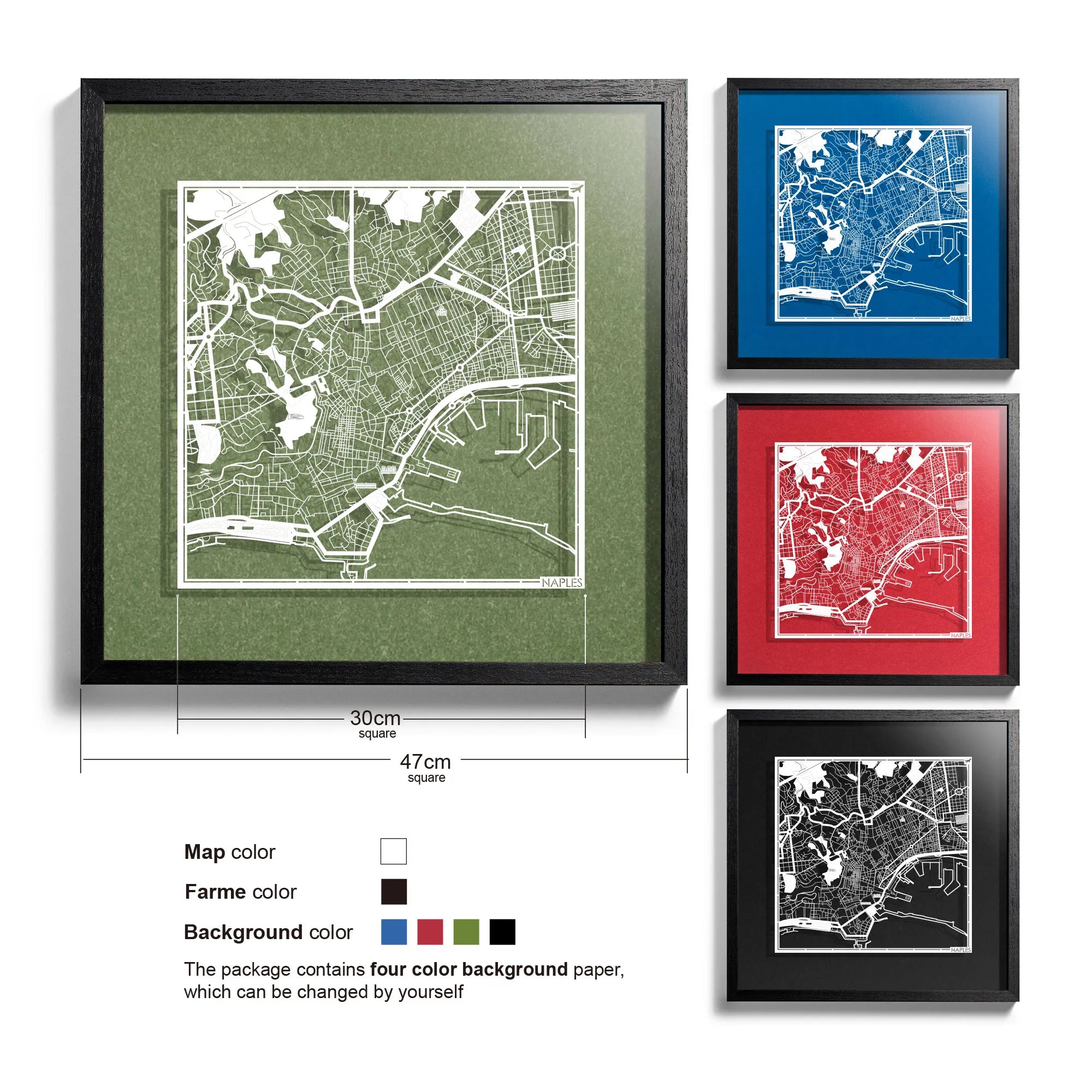 o3designstudio-Naples-Paper-cut-map-framed-18-inch-White map / Black frame-45MF3055BW