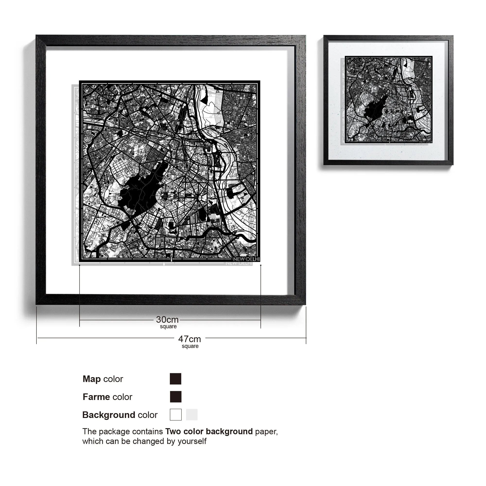 o3designstudio-New Delhi-Paper-cut-map-framed-18-inch-Black map / Black frame-45MF1015BB