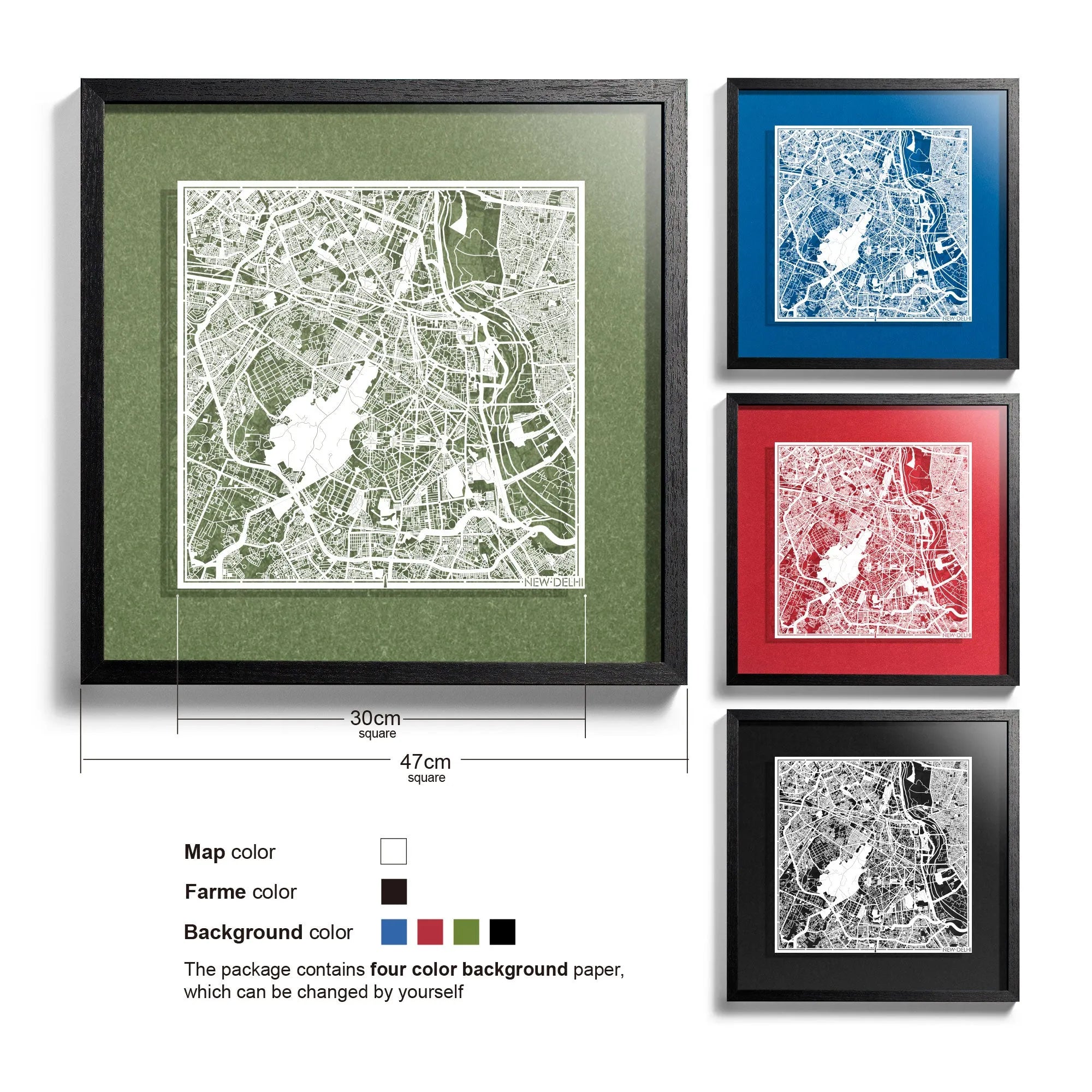 o3designstudio-New Delhi-Paper-cut-map-framed-18-inch-White map / Black frame-45MF1015BW