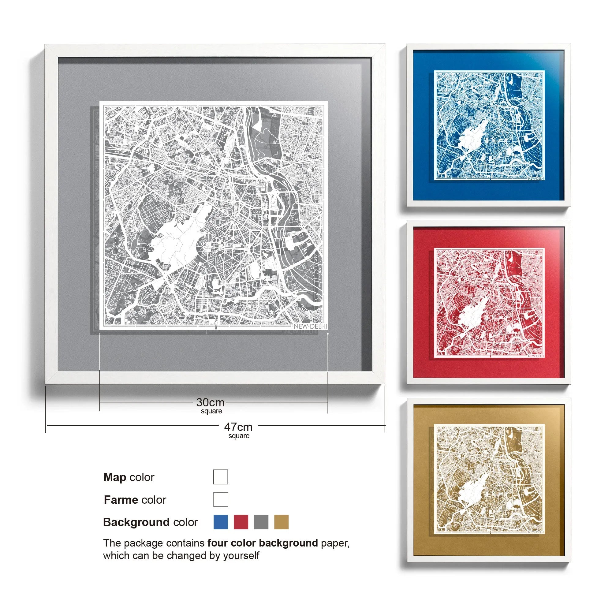 o3designstudio-New Delhi-Paper-cut-map-framed-18-inch-White map / White frame-45MF1015WW