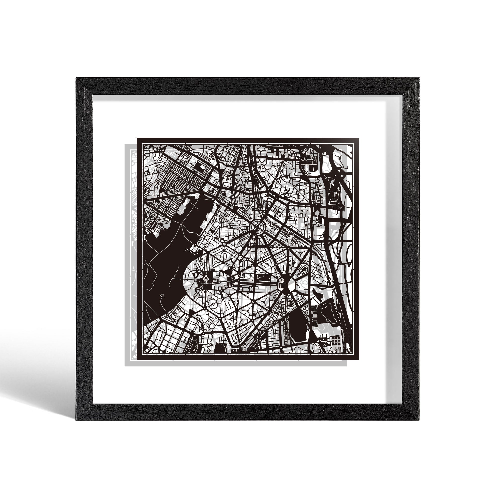 o3designstudio New Delhi Paper cut map framed 9 inch Black map Black frame map art 22MF1015BB