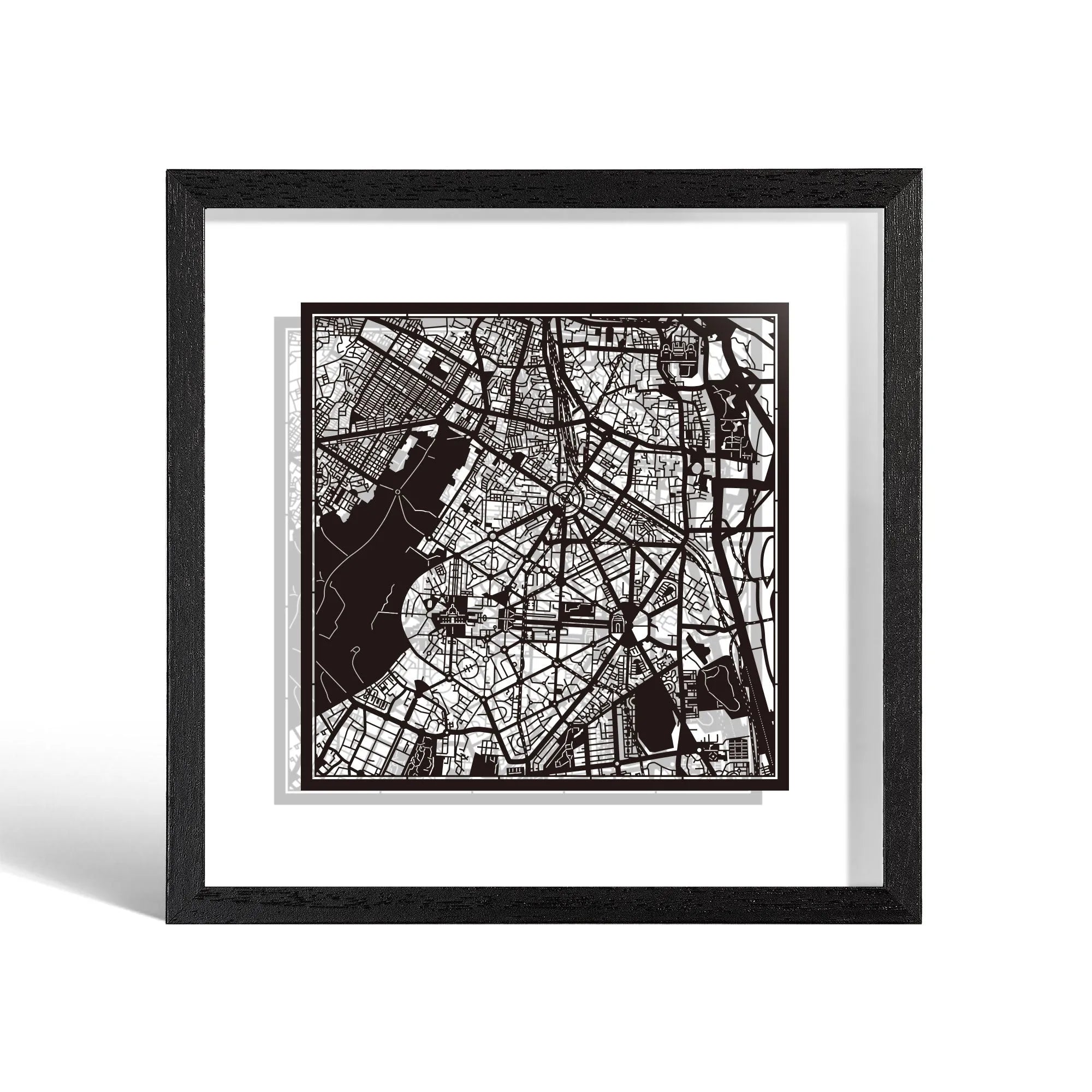 o3designstudio New Delhi Paper cut map framed 9 inch White map Black frame map art 22MF1015BW