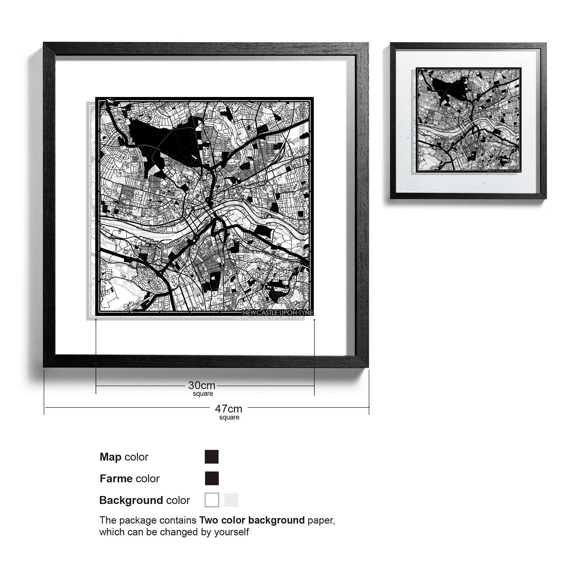 o3designstudio Newcastle upon Tyne-Paper-cut-map-framed-18-inch-45MF3060BB
