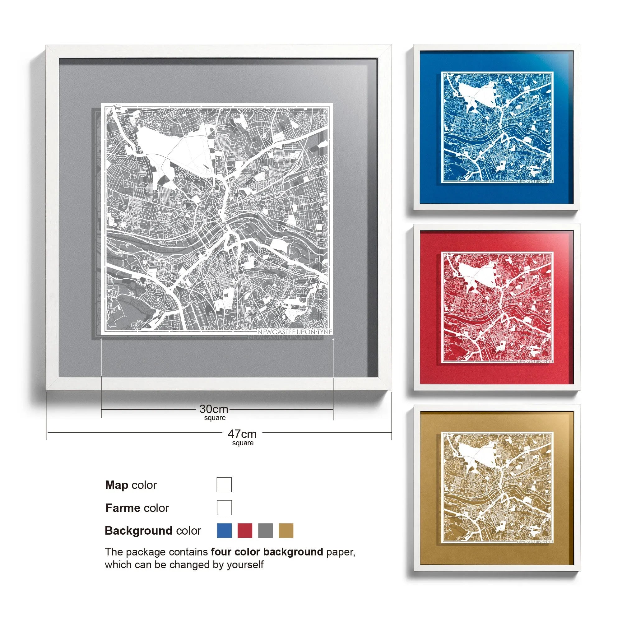 o3designstudio Newcastle upon Tyne-Paper-cut-map-framed-18-inch-45MF3060WW