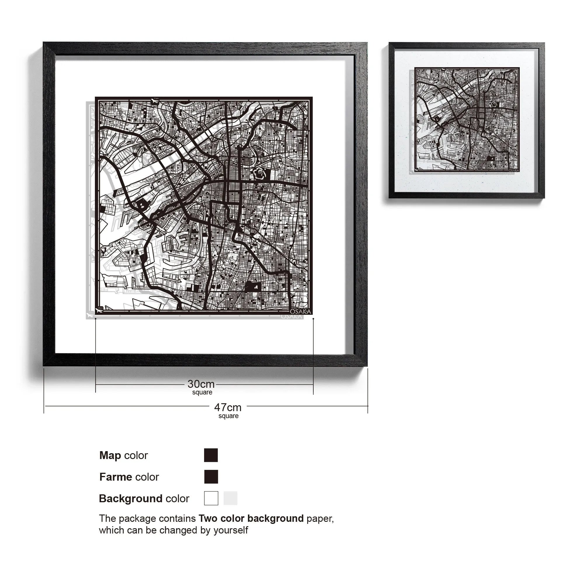 o3designstudio-Osaka-Paper-cut-map-framed-18-inch-Black map Black frame- 45MF1045BB