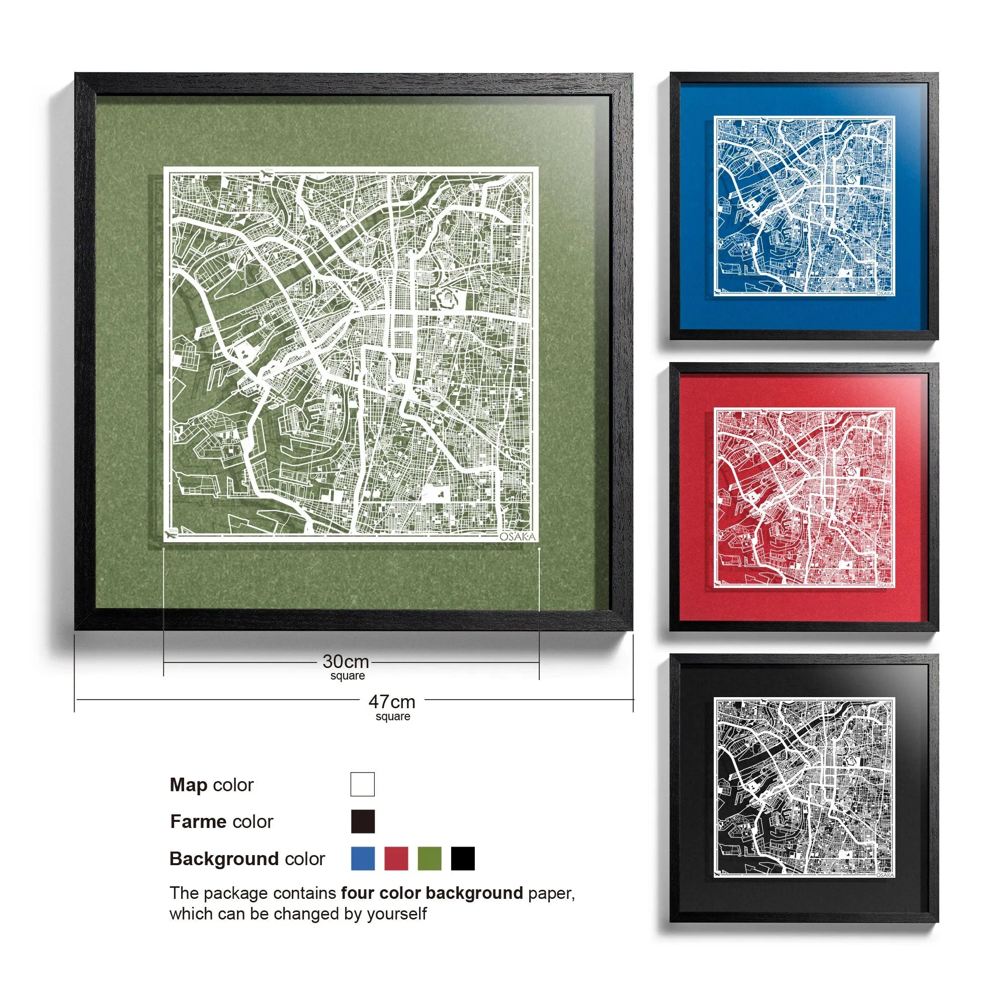 o3designstudio-Osaka-Paper-cut-map-framed-18-inch-White map Black frame- 45MF1045BW
