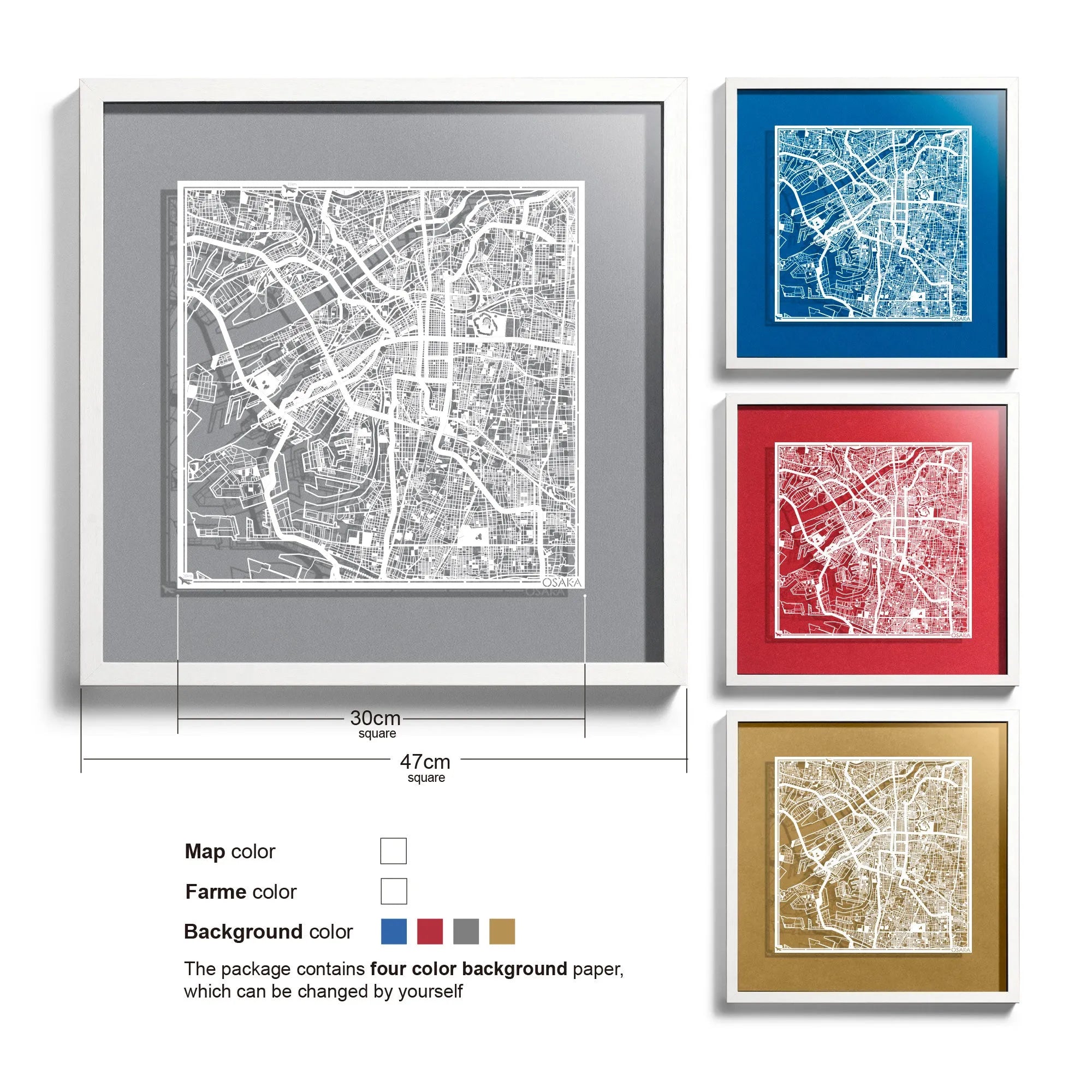 o3designstudio-Osaka-Paper-cut-map-framed-18-inch-White map White frame- 45MF1045WW