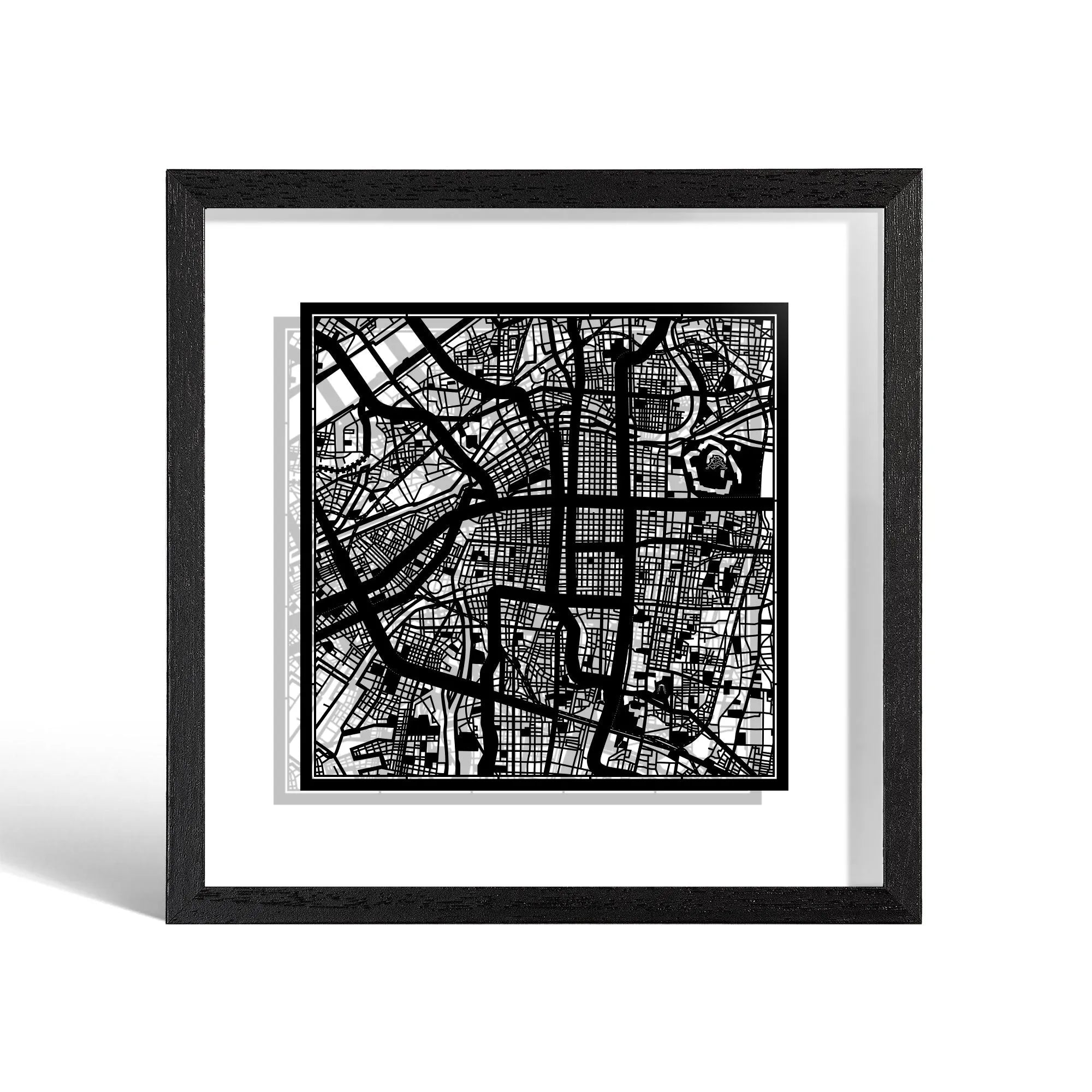 o3designstudio Osaka Paper cut map framed 9 inch Black map Black frame map art 22MF1045BB