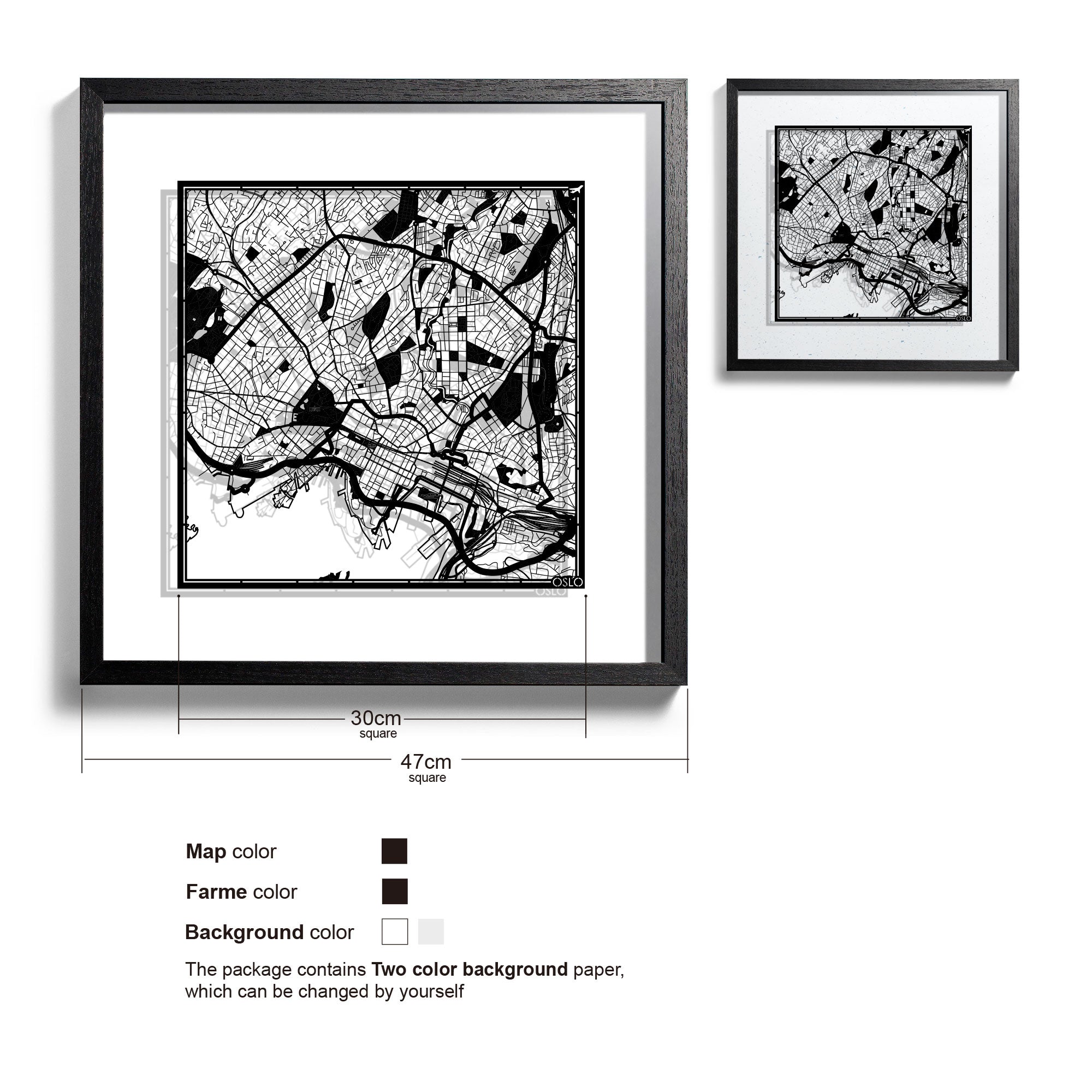 o3designstudio-Oslo-Paper-cut-map-framed-18-inch-Black map Black frame-45MF3022BB