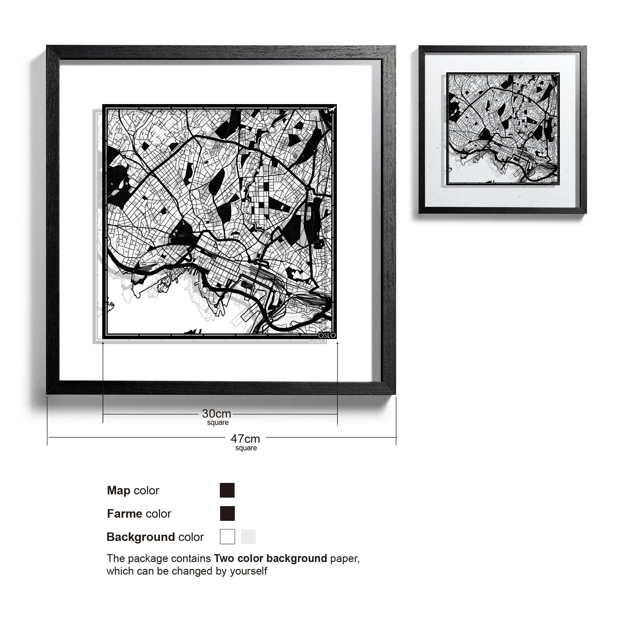 o3designstudio-Oslo-Paper-cut-map-framed-18-inch-Black map Black frame-45MF3022BB