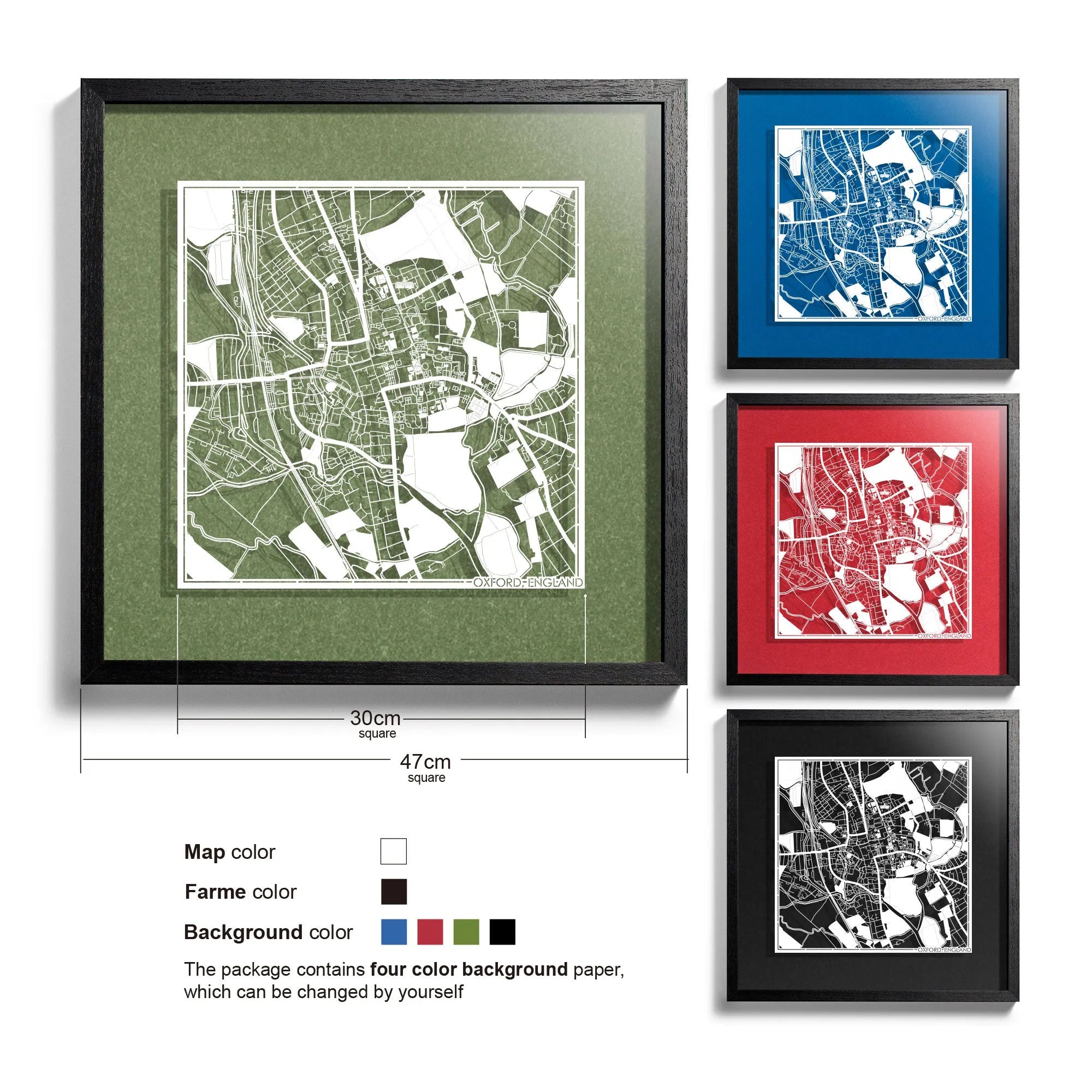 o3designstudio Oxford, England-Paper-cut-map-framed-18-inch-45MF3034BW
