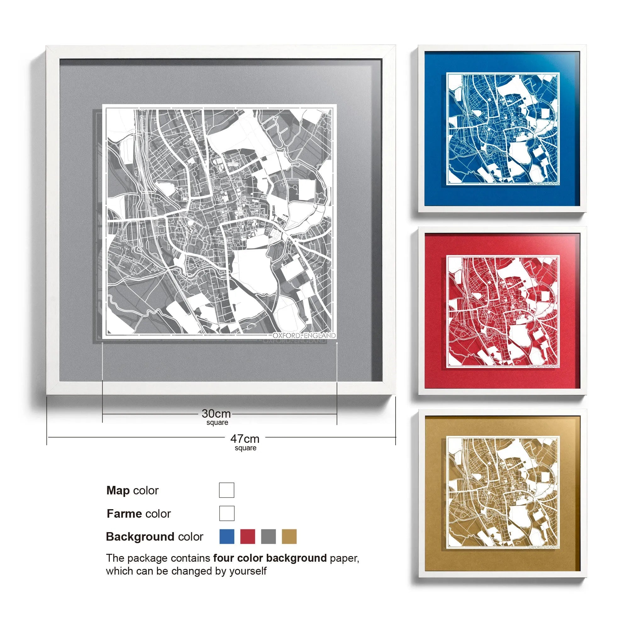 o3designstudio Oxford, England-Paper-cut-map-framed-18-inch-45MF3034WW