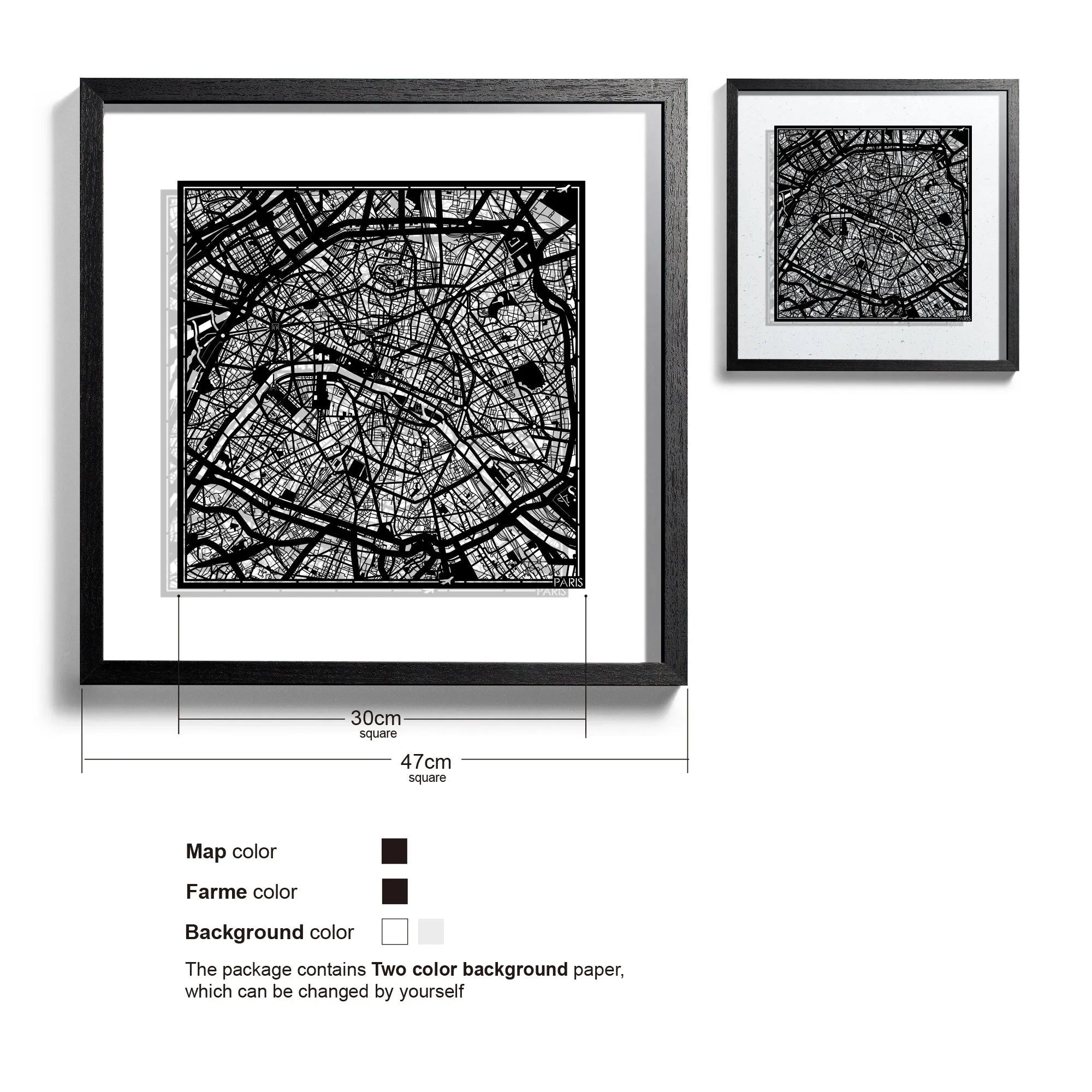 o3designstudio Paris-Paper-cut-map-framed-18-inch-45MF3002BB