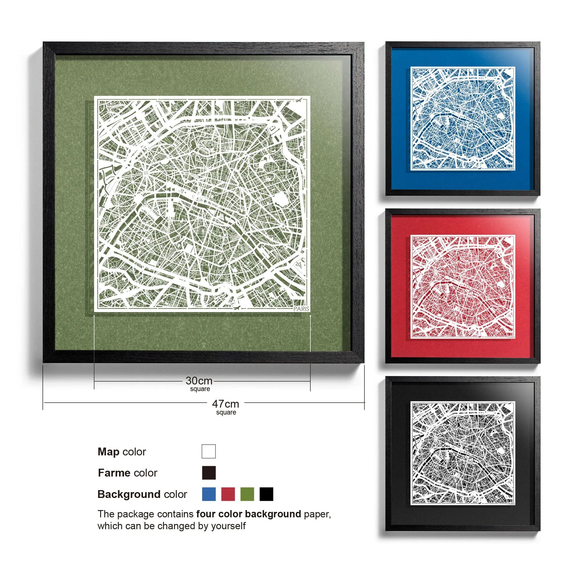 o3designstudio Paris-Paper-cut-map-framed-18-inch-45MF3002BW