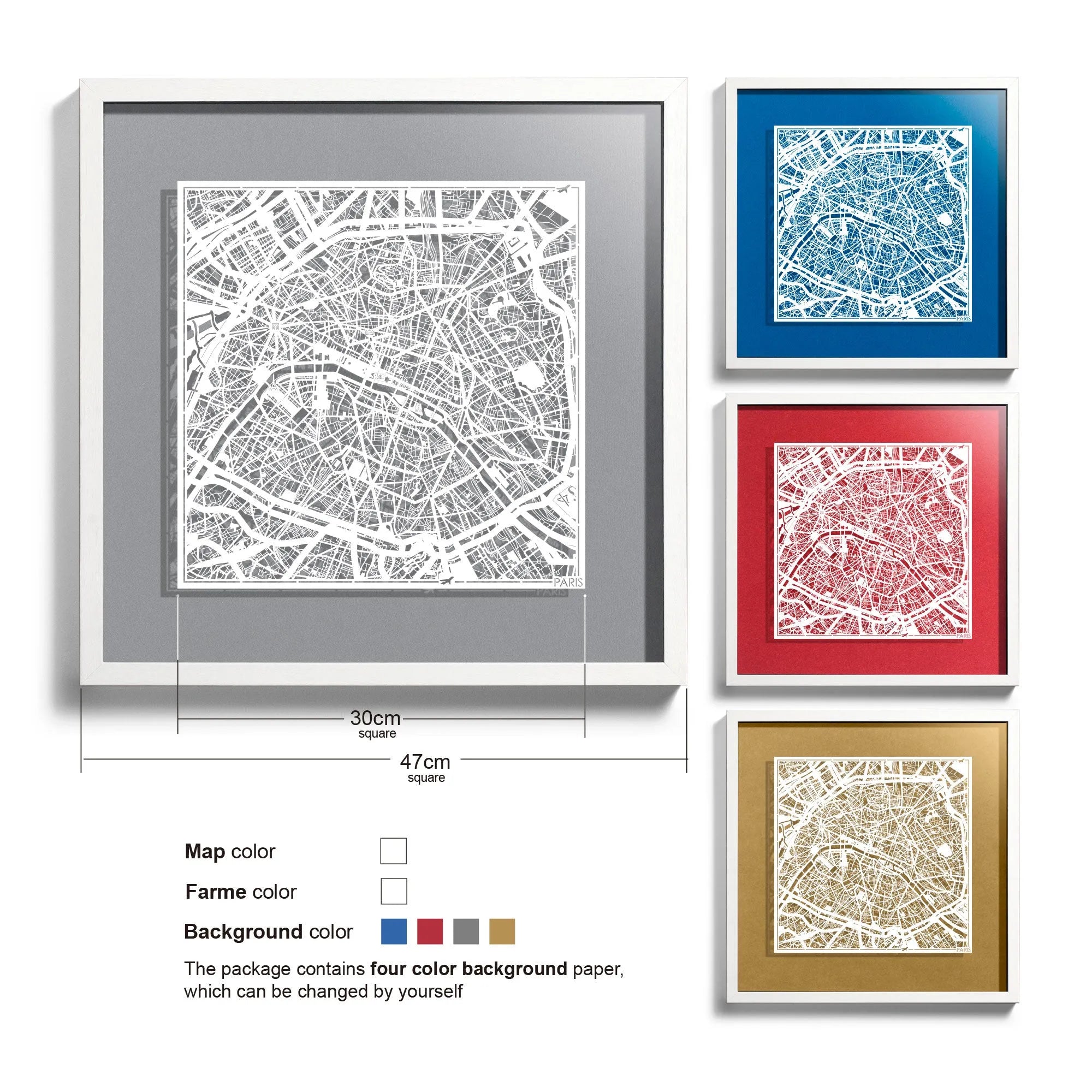 o3designstudio Paris-Paper-cut-map-framed-18-inch-45MF3002WW