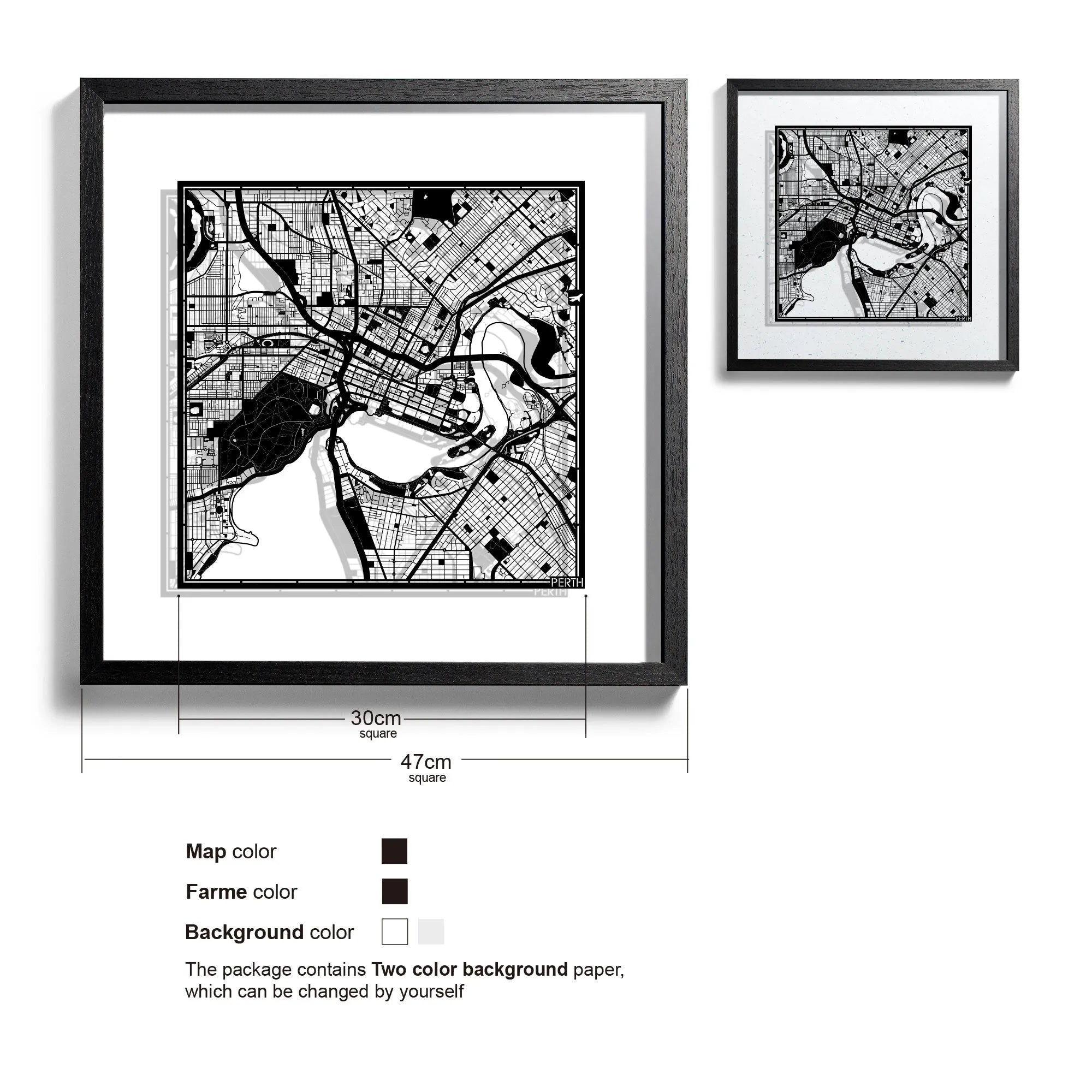 o3designstudio-Perth-Paper-cut-map-framed-18-inch-Black map / Black frame-45MF1007BB