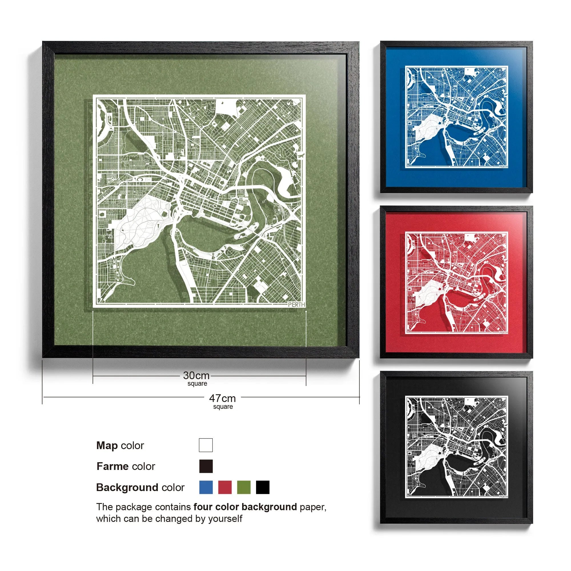 o3designstudio-Perth-Paper-cut-map-framed-18-inch-White map / Black frame-45MF1007BW