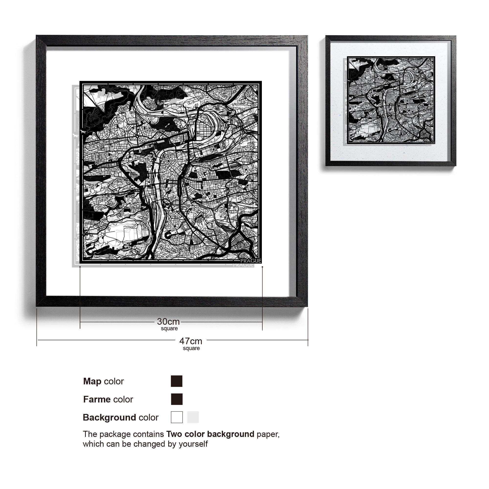 o3designstudio-Prague-Paper-cut-map-framed-18-inch-Black map Black frame-45MF3013BB