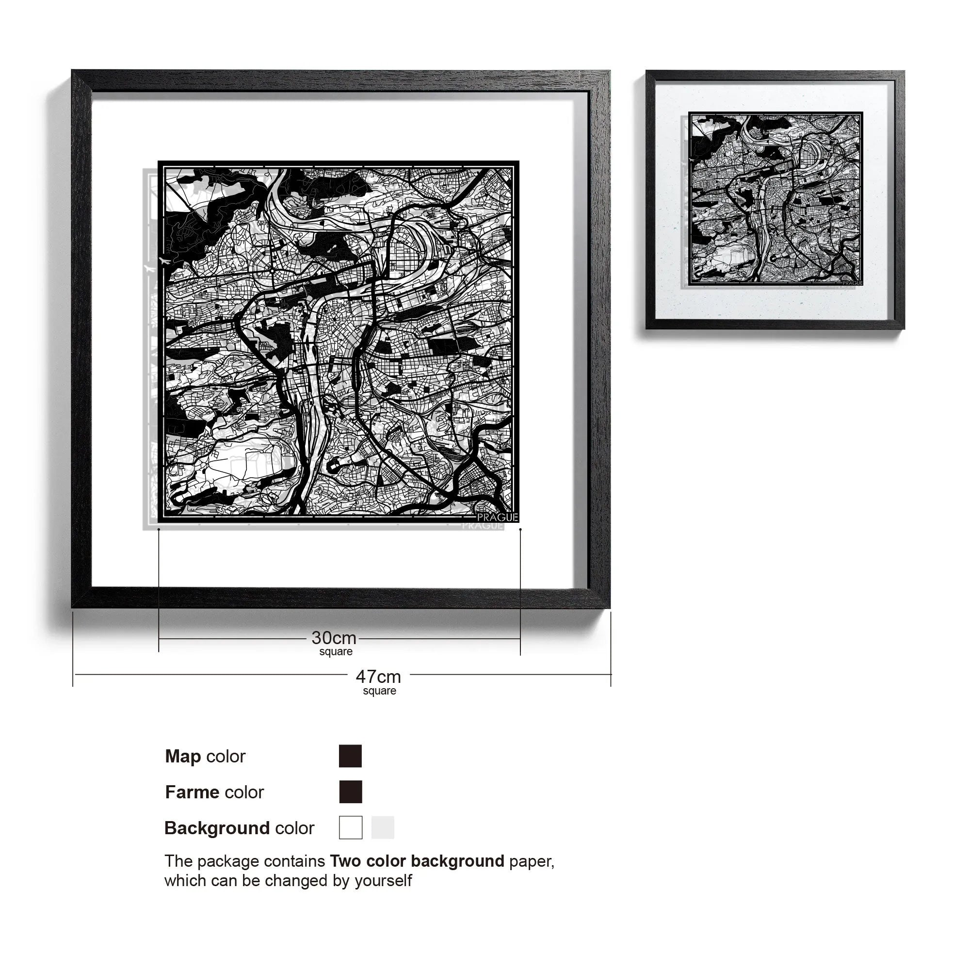 o3designstudio-Prague-Paper-cut-map-framed-18-inch-Black map Black frame-45MF3013BB