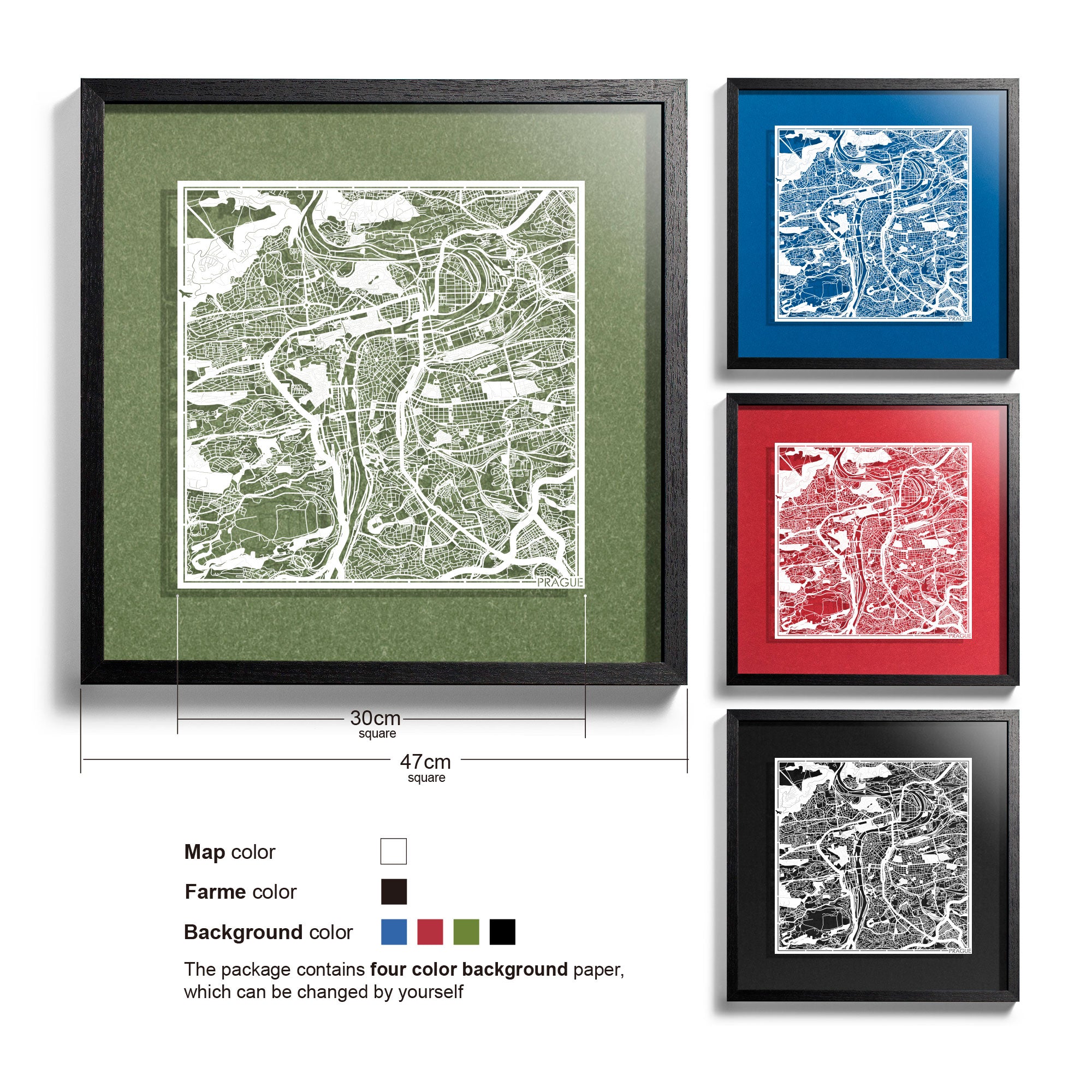 o3designstudio-Prague-Paper-cut-map-framed-18-inch-White map Black frame-45MF3013BW