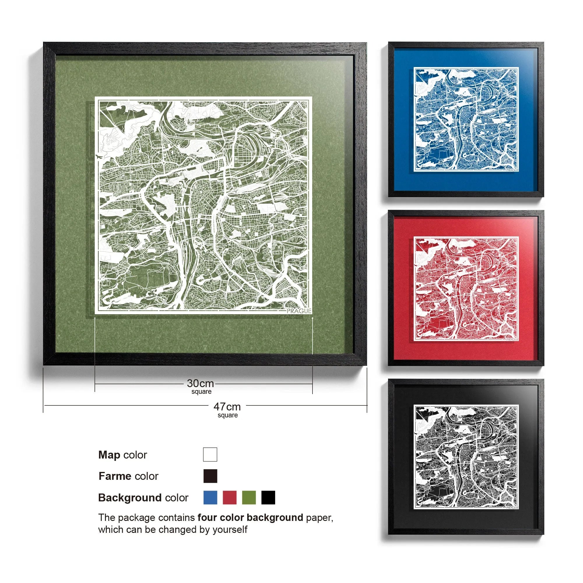 o3designstudio-Prague-Paper-cut-map-framed-18-inch-White map Black frame-45MF3013BW