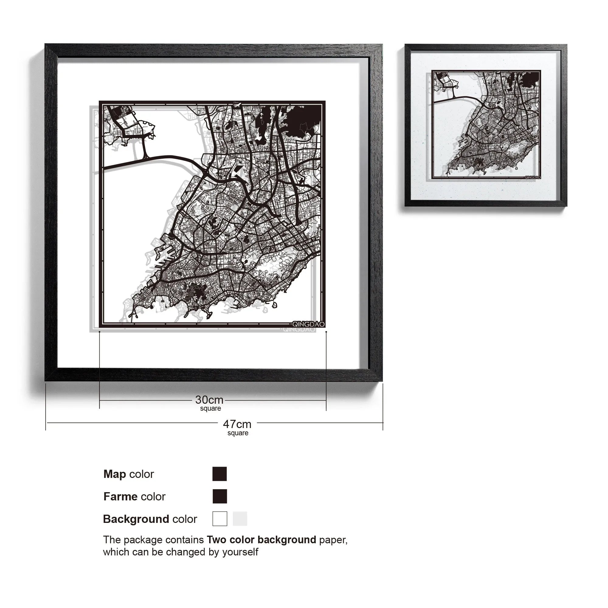 o3designstudio-Qingdao-Paper-cut-map-framed-18-inch-Black map Black frame- 45MF1050BB