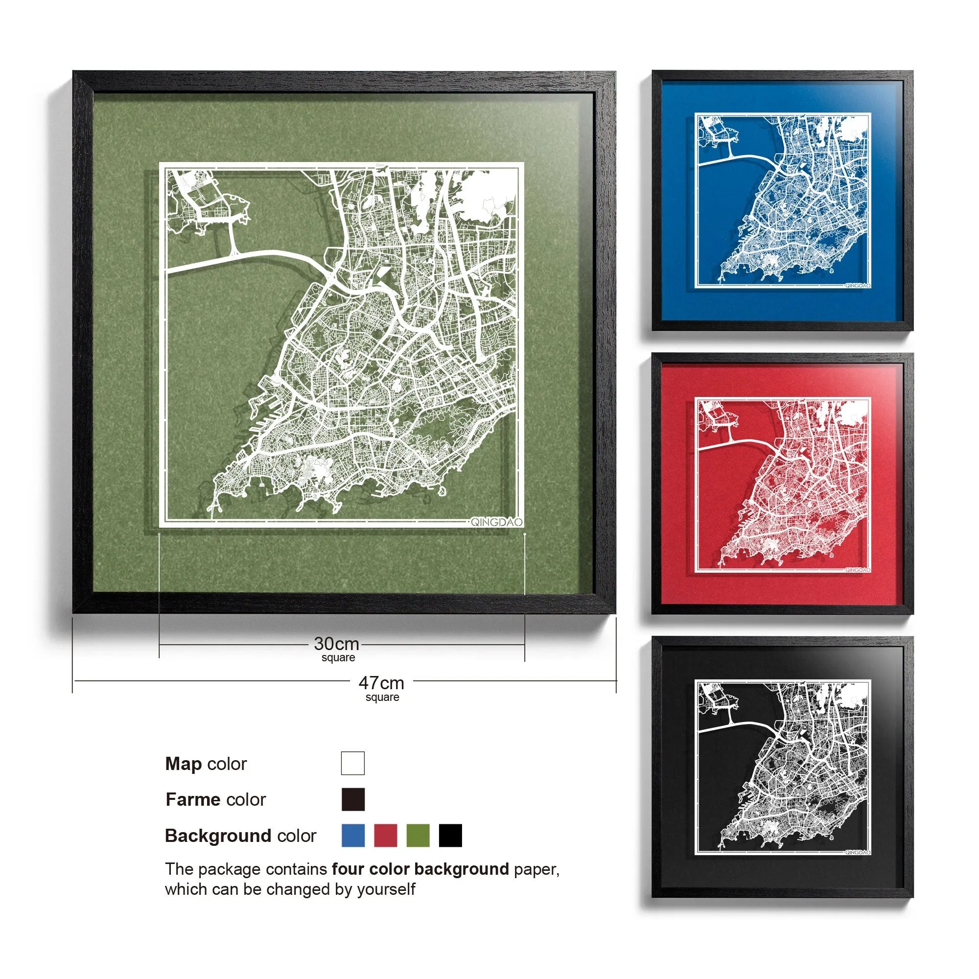 o3designstudio-Qingdao-Paper-cut-map-framed-18-inch-White map Black frame- 45MF1050BW