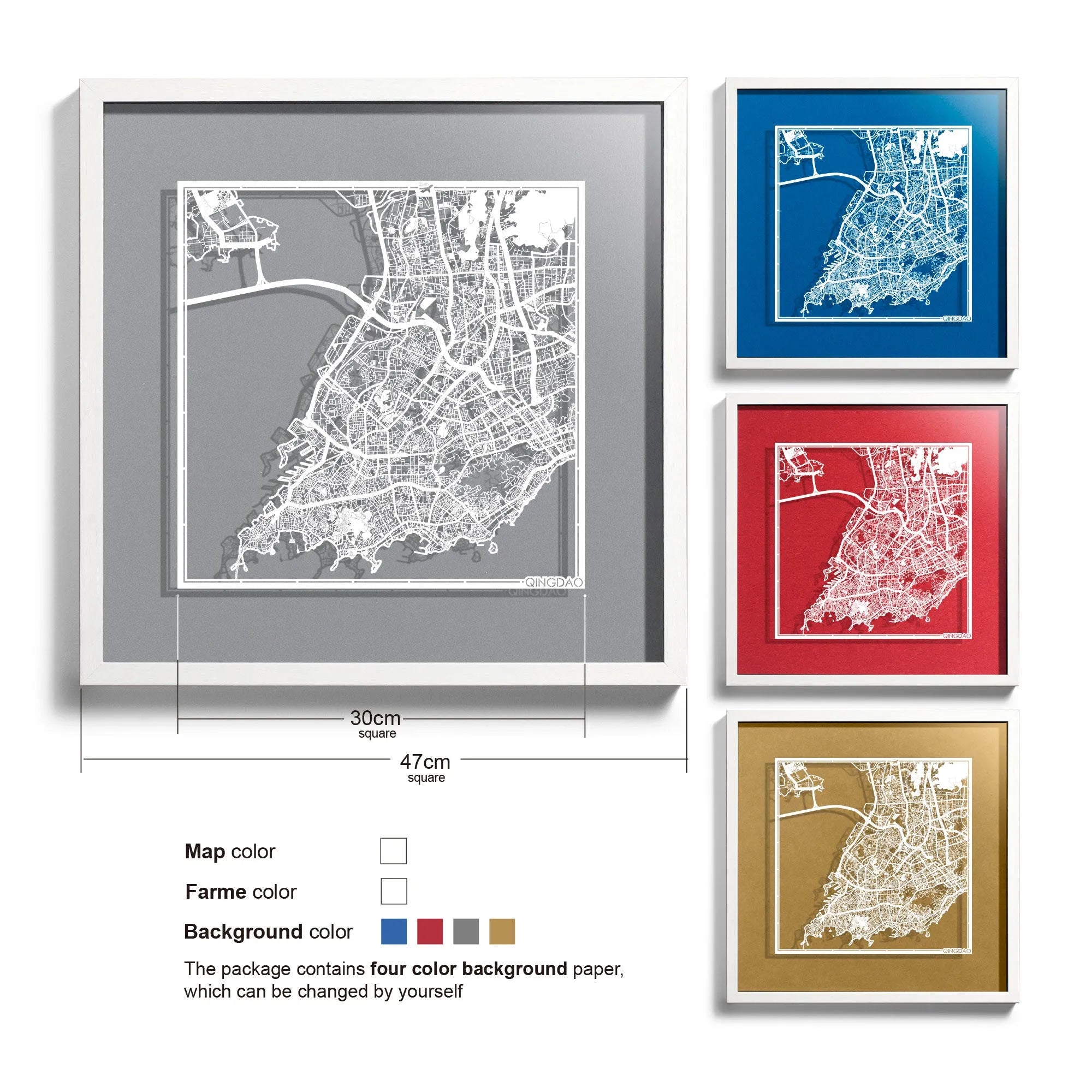o3designstudio-Qingdao-Paper-cut-map-framed-18-inch-White map White frame- 45MF1050WW