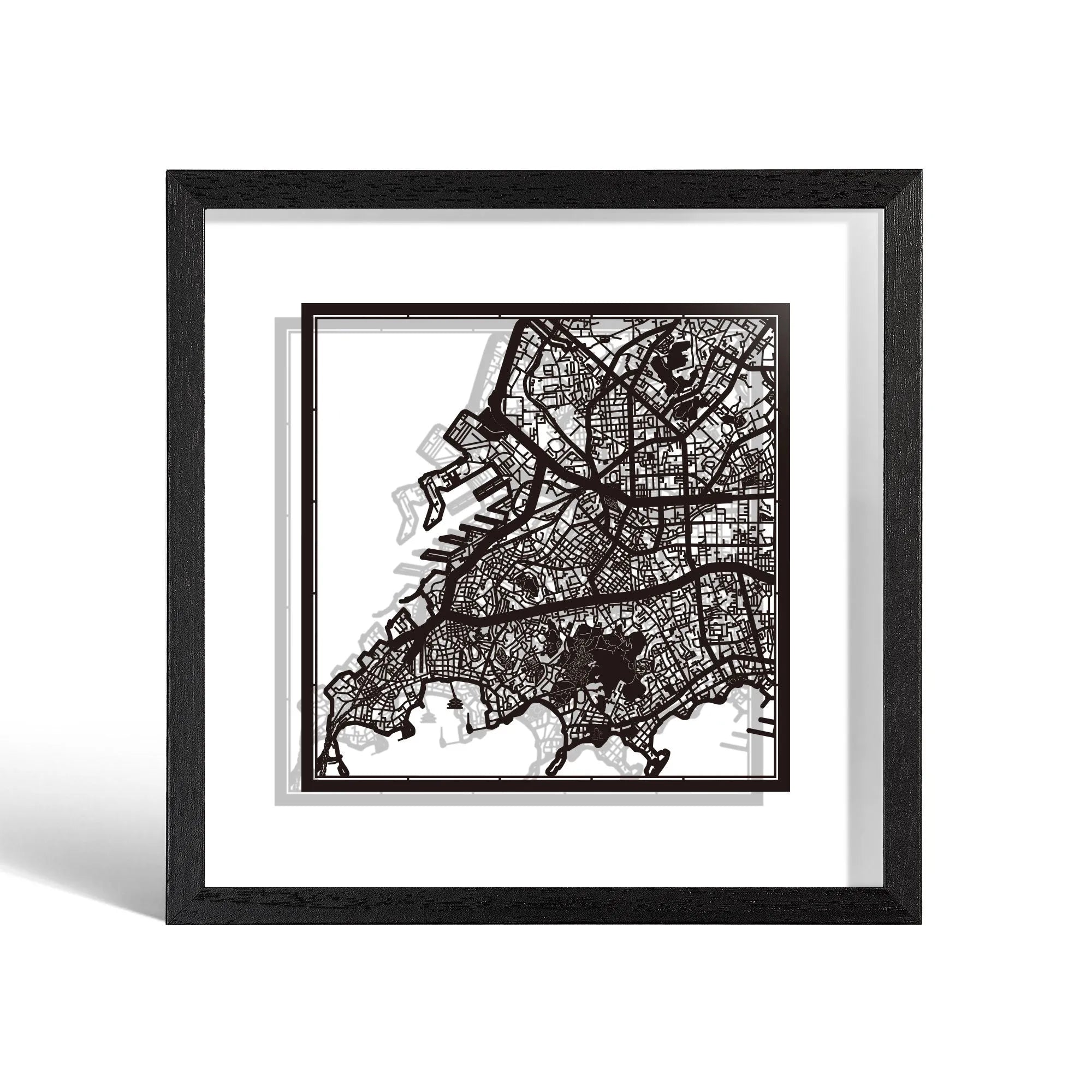 o3designstudio Qingdao Paper cut map framed 9 inch Black map Black frame map art 22MF1050BB