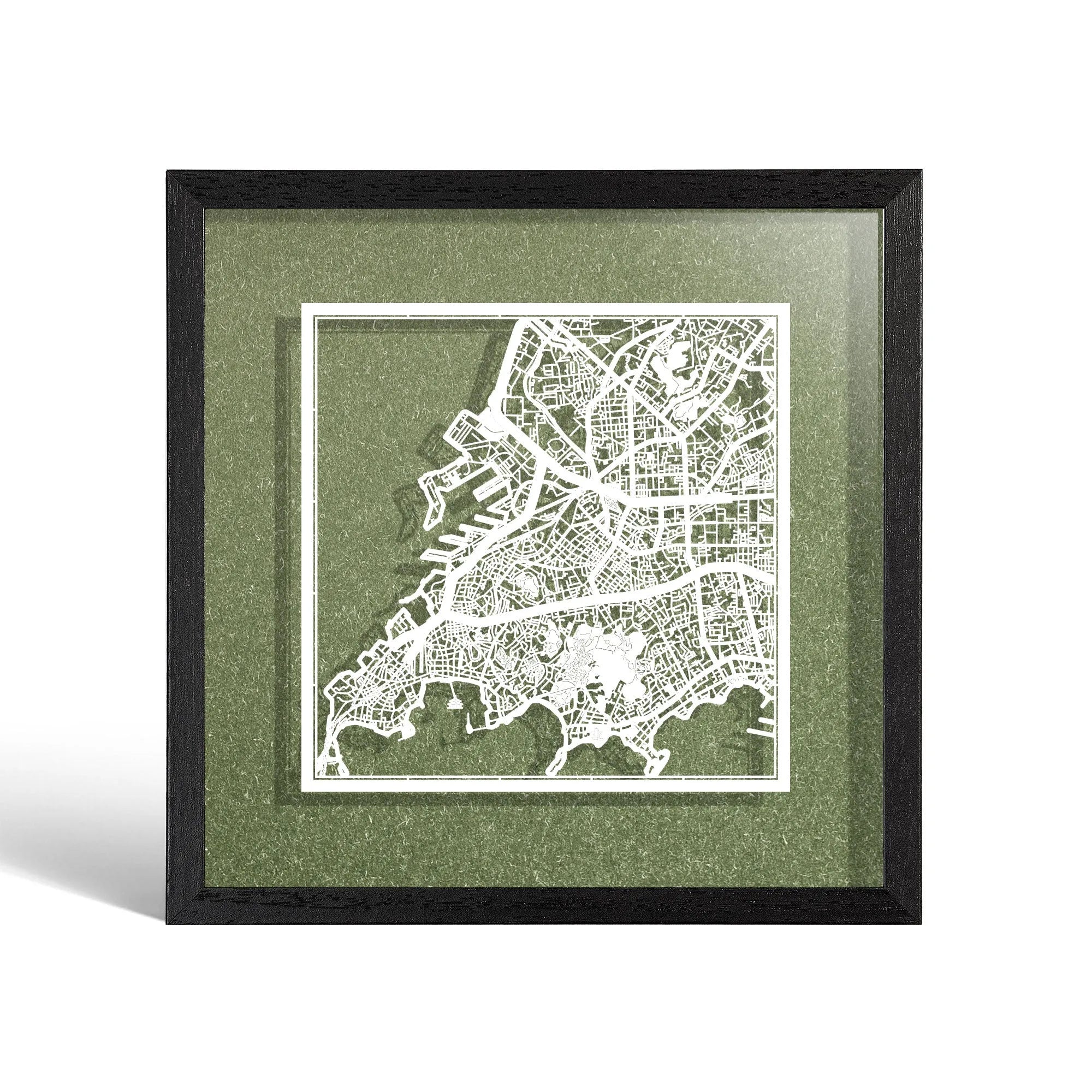 o3designstudio Qingdao Paper cut map framed 9 inch White map Black frame map art 22MF1050BW