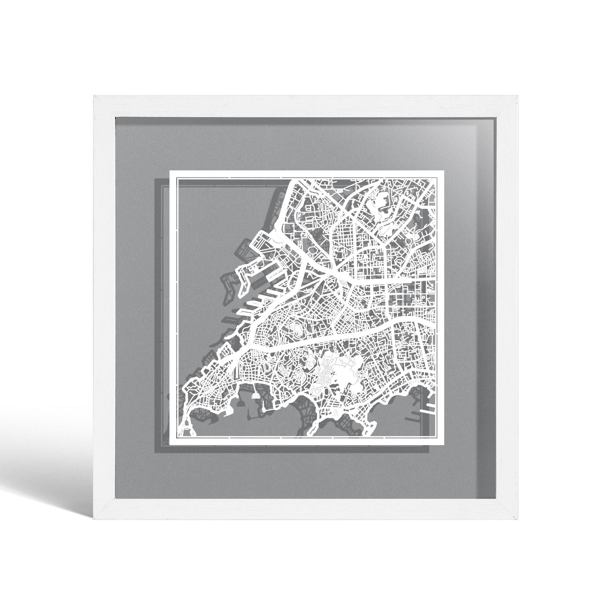 o3designstudio Qingdao Paper cut map framed 9 inch White map White frame map art 22MF1050WW