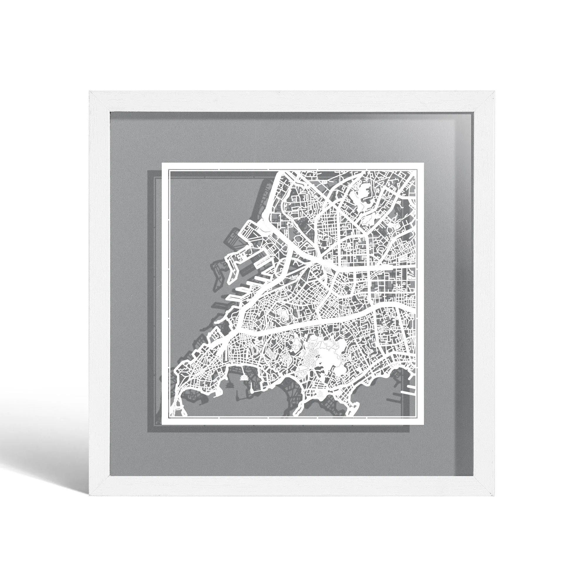 o3designstudio Qingdao Paper cut map framed 9 inch White map White frame map art 22MF1050WW