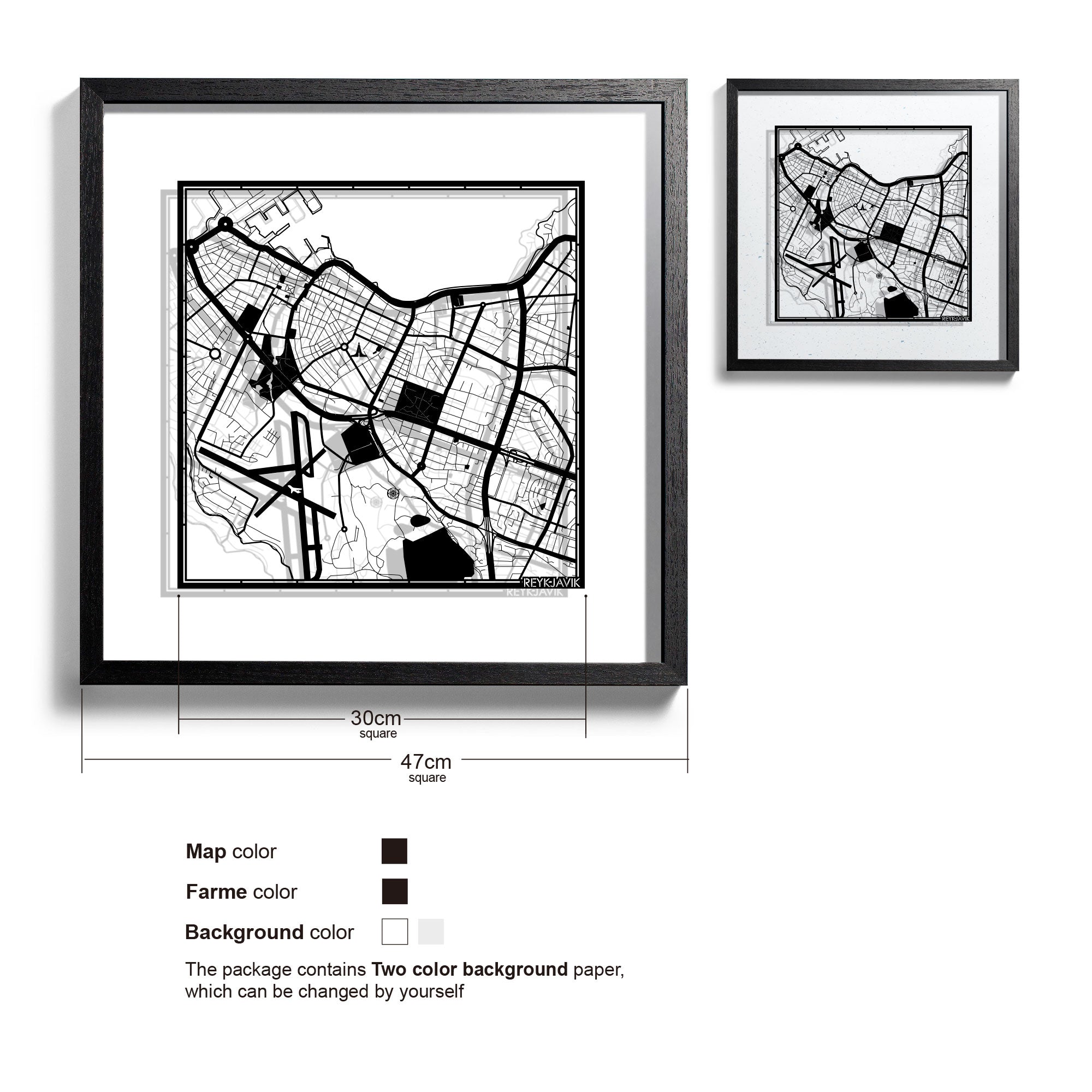 o3designstudio-Reykjavik-Paper-cut-map-framed-18-inch-Black map Black frame-45MF3043BB