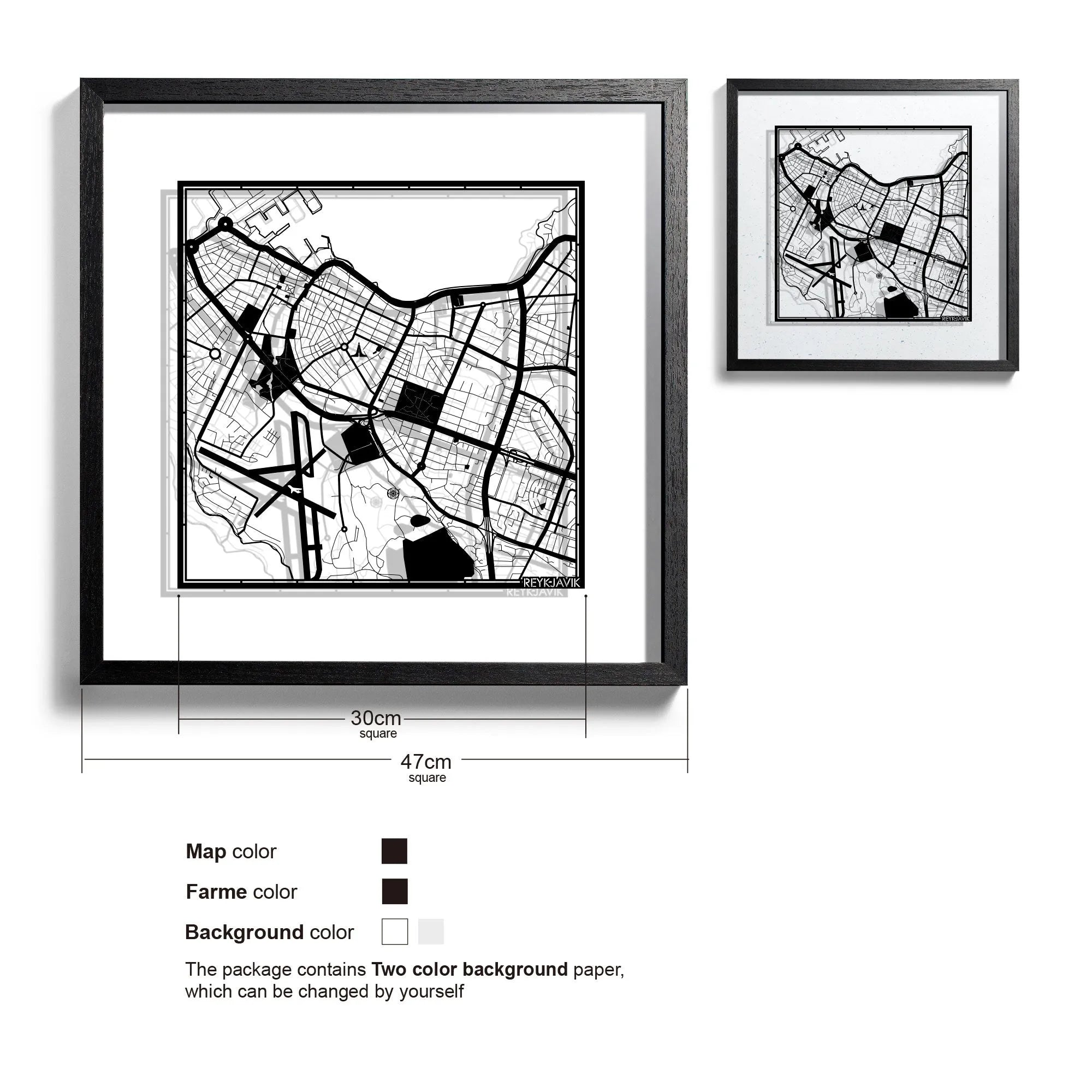 o3designstudio-Reykjavik-Paper-cut-map-framed-18-inch-Black map Black frame-45MF3043BB
