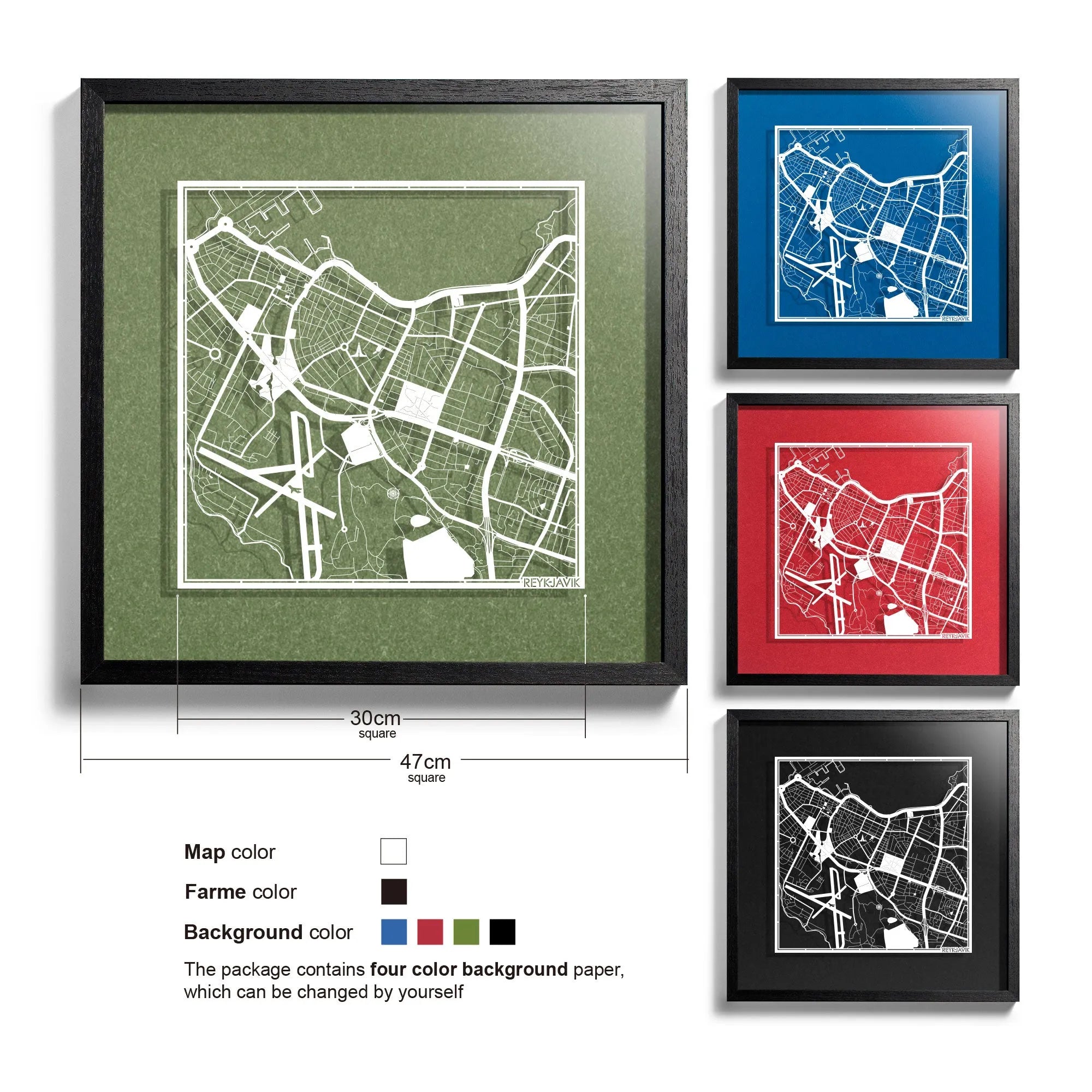 o3designstudio-Reykjavik-Paper-cut-map-framed-18-inch-White map Black frame-45MF3043BW