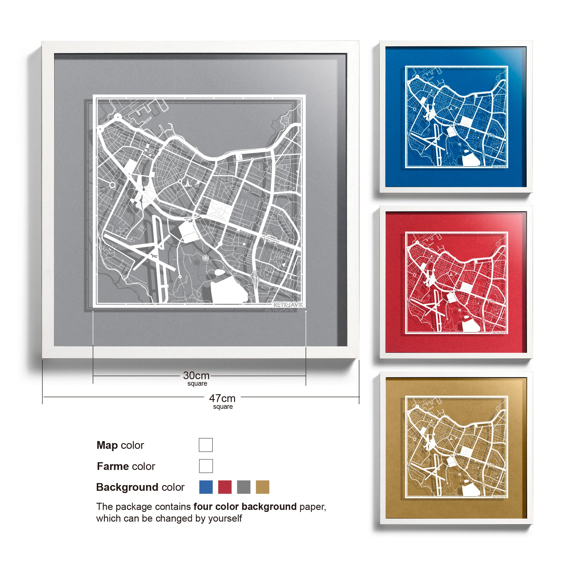 o3designstudio-Reykjavik-Paper-cut-map-framed-18-inch-White map White frame-45MF3043WW