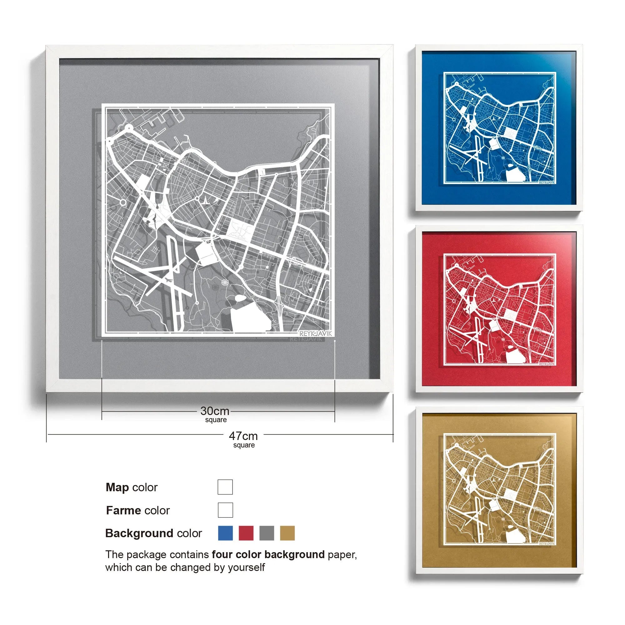 o3designstudio-Reykjavik-Paper-cut-map-framed-18-inch-White map White frame-45MF3043WW