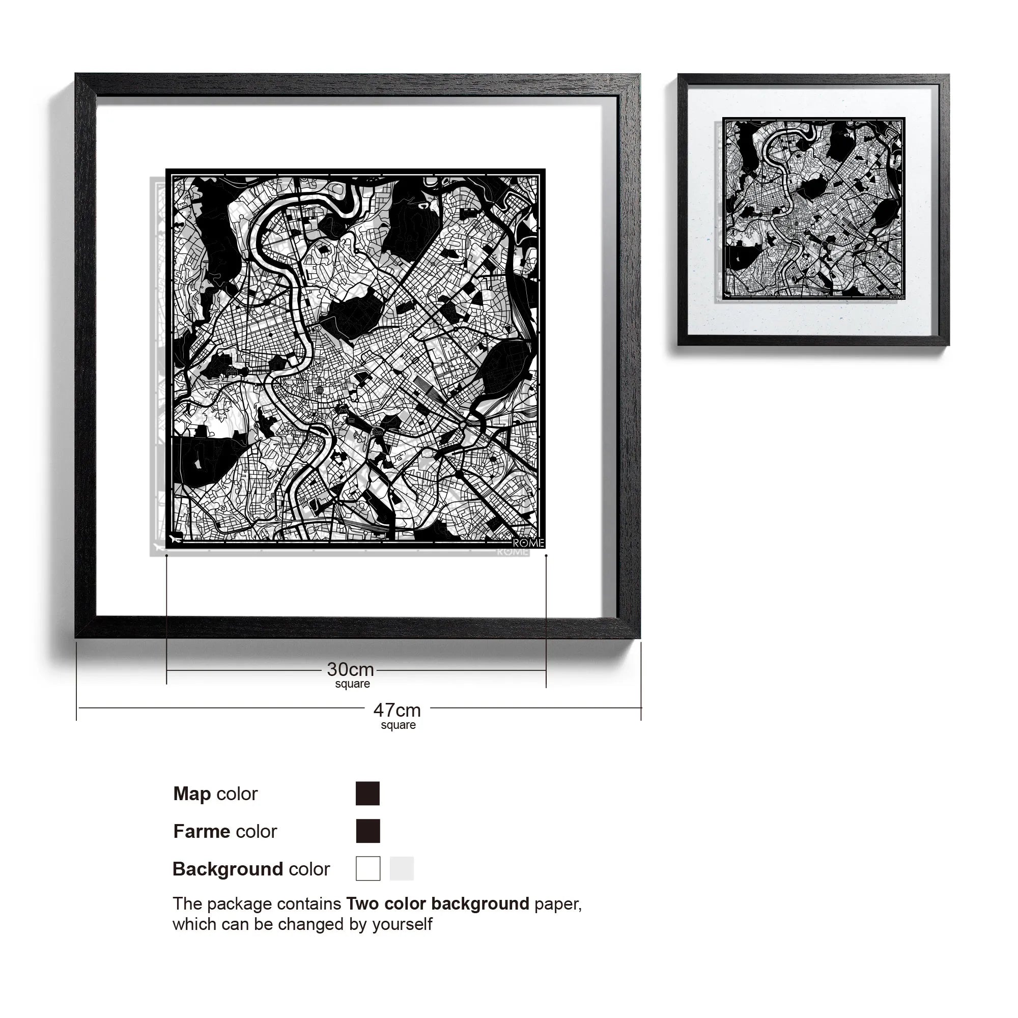 o3designstudio-Rome-Paper-cut-map-framed-18-inch-Black map / Black frame-45MF3007BB