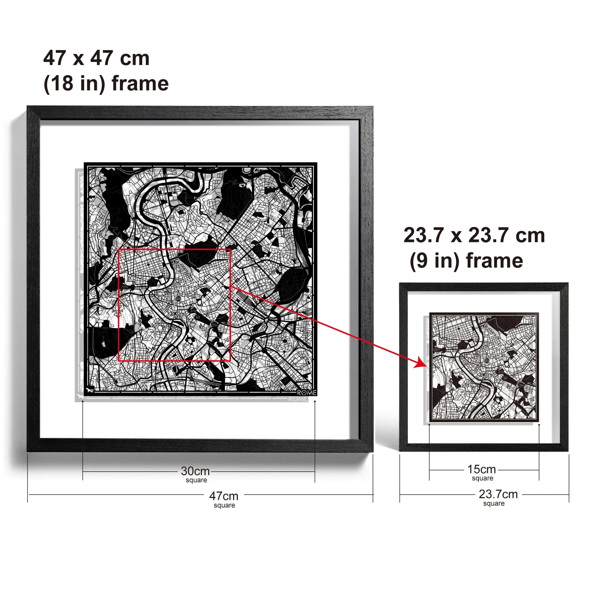 o3designstudio-Rome-Paper-cut-map-framed-18-inch-White map / Black frame- size