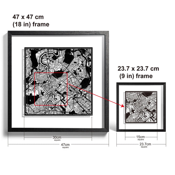 o3designstudio-Rome-Paper-cut-map-framed-18-inch-White map / Black frame- size