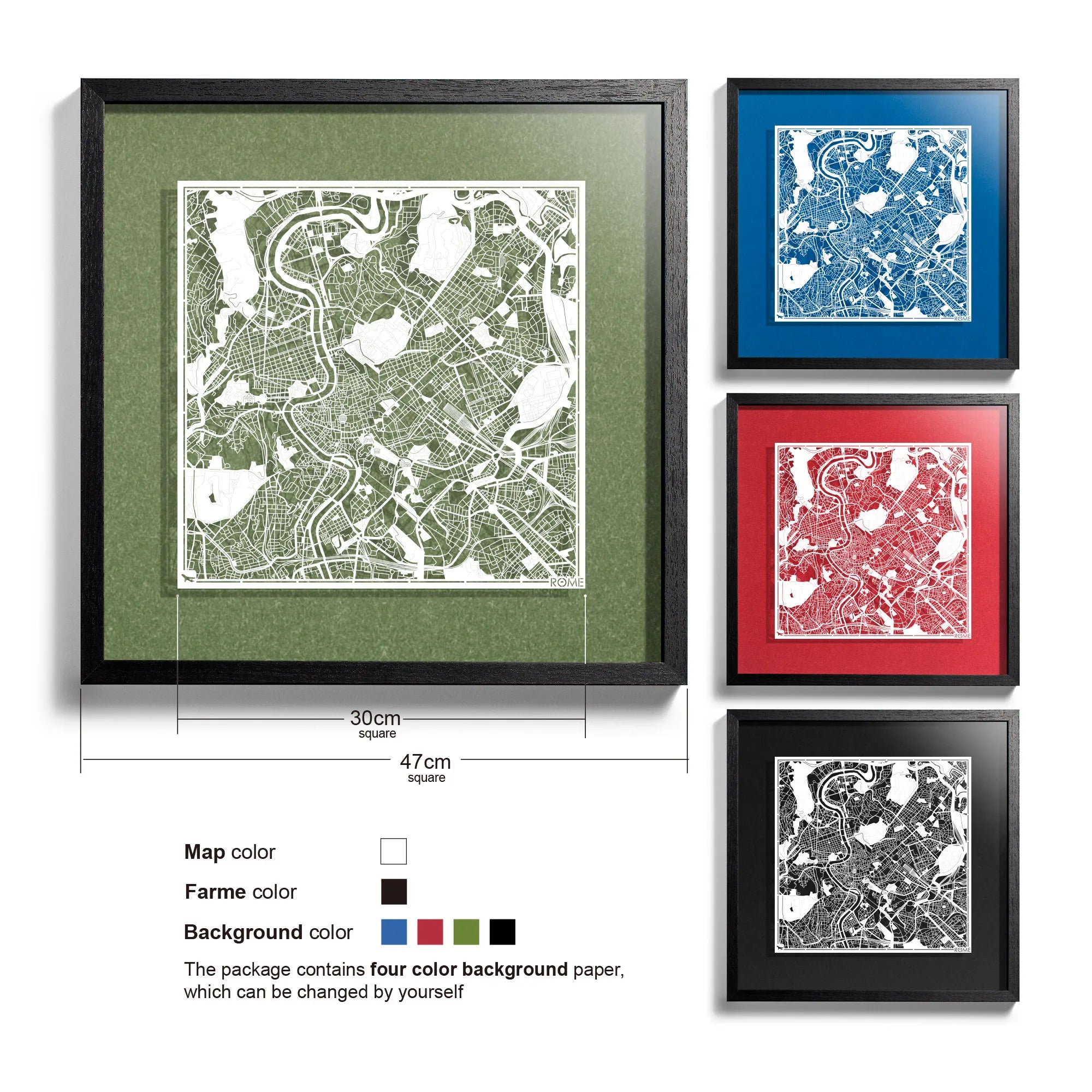 o3designstudio-Rome-Paper-cut-map-framed-18-inch-White map / Black frame-45MF3007BW