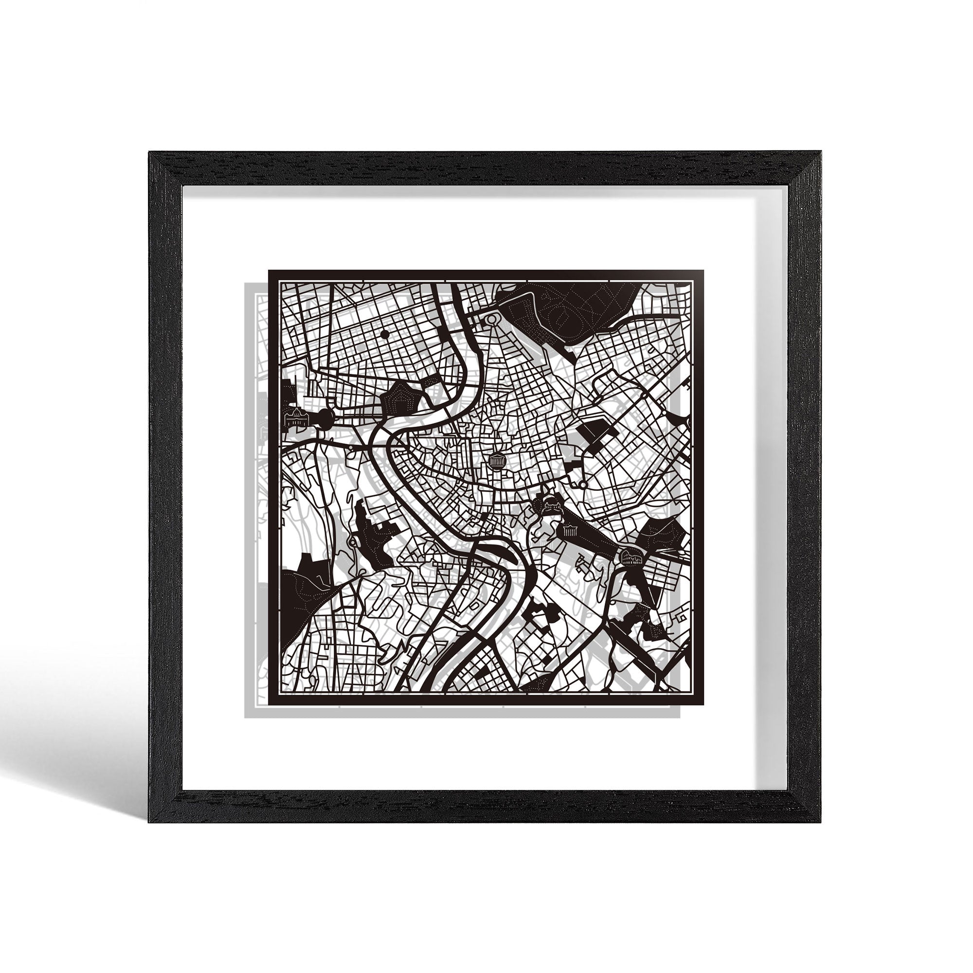 o3designstudio Rome Paper cut map framed 9 inch Black map Black frame map art 22MF3007BB