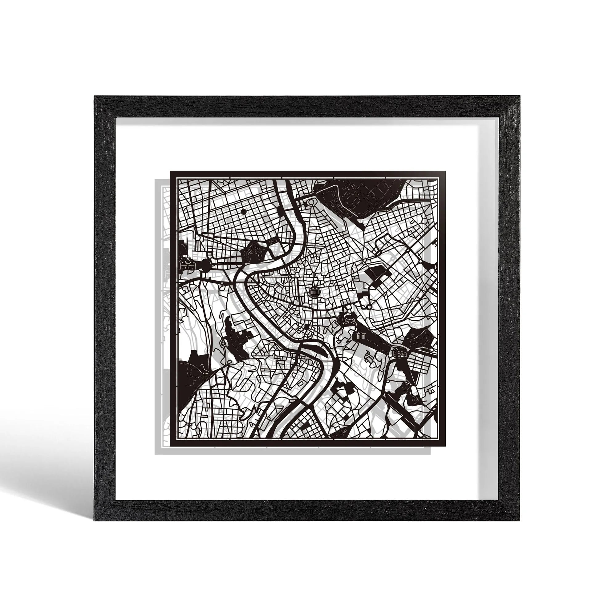 o3designstudio Rome Paper cut map framed 9 inch Black map Black frame map art 22MF3007BB