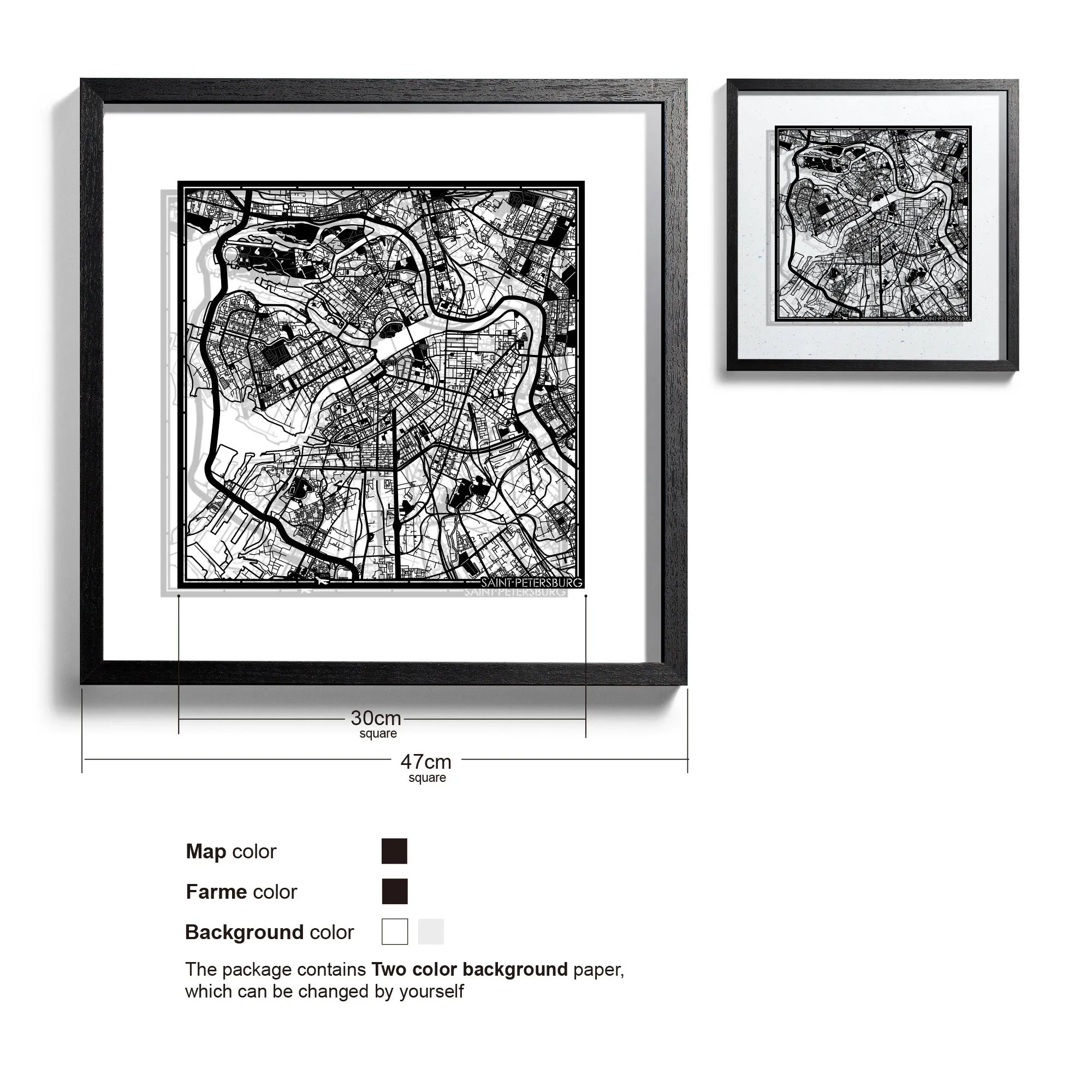o3designstudio-Saint Petersburg-Paper-cut-map-framed-18-inch-Black map / Black frame-45MF3042BB