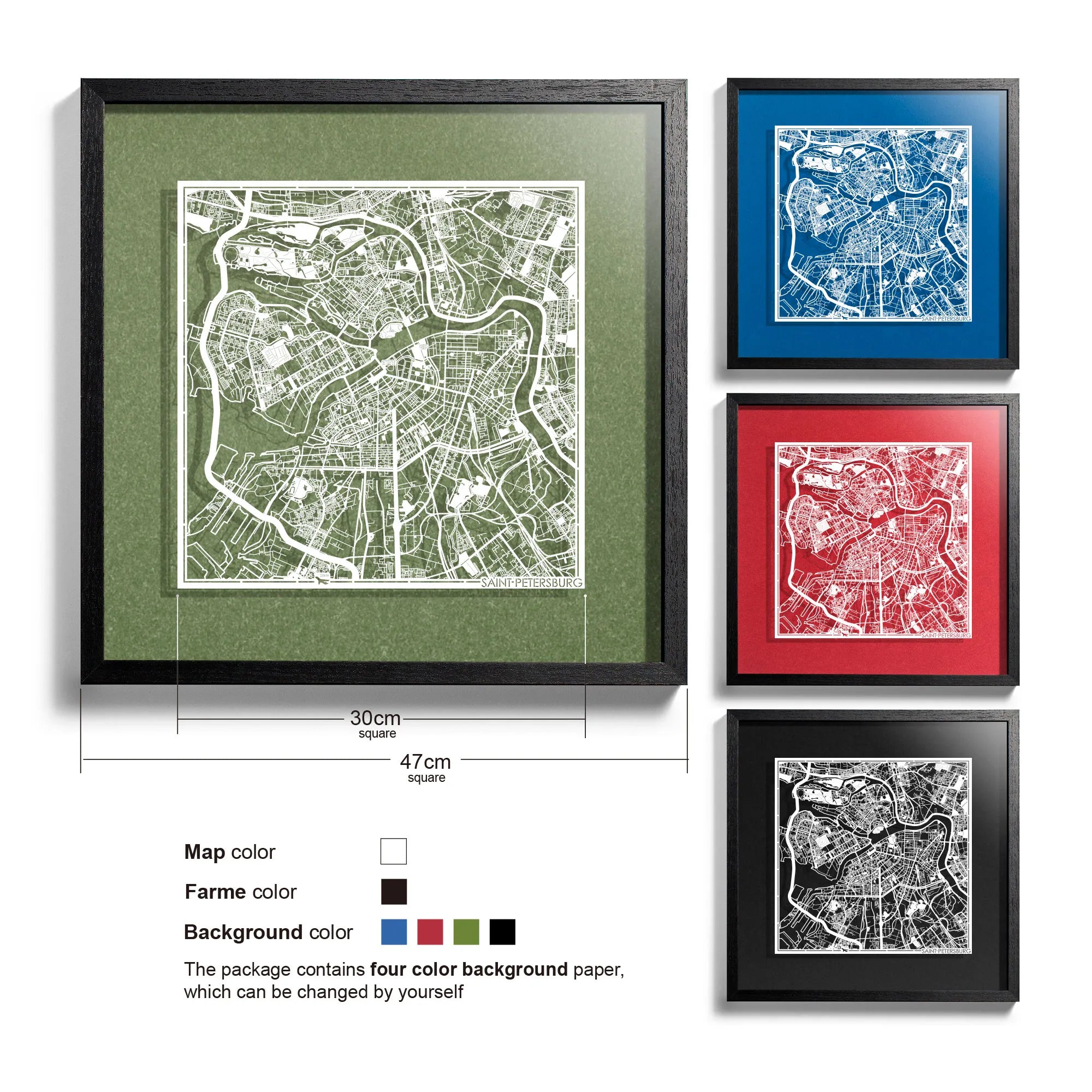 o3designstudio-Saint Petersburg-Paper-cut-map-framed-18-inch-White map / Black frame-45MF3042BW
