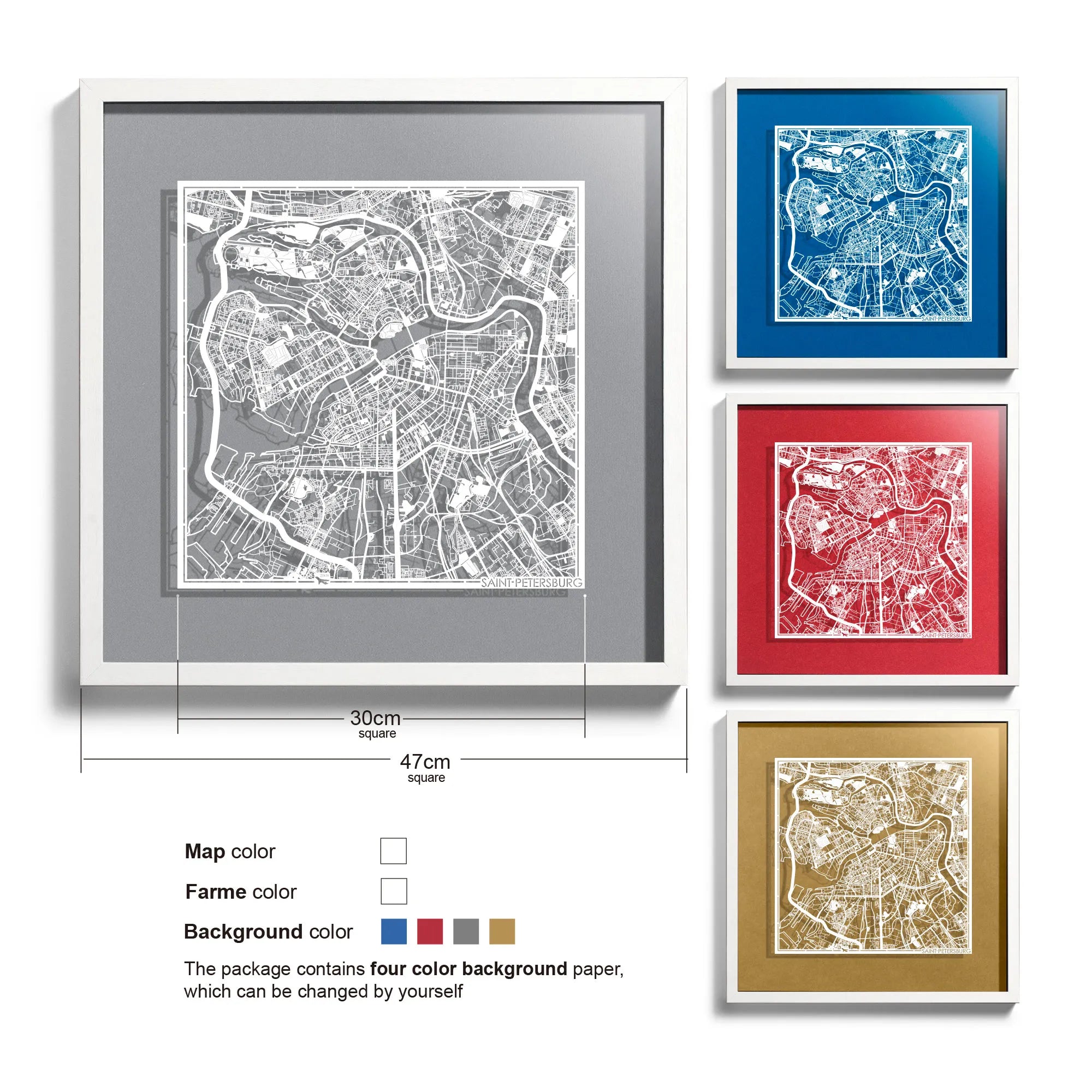 o3designstudio-Saint Petersburg-Paper-cut-map-framed-18-inch-White map / White frame-45MF3042WW