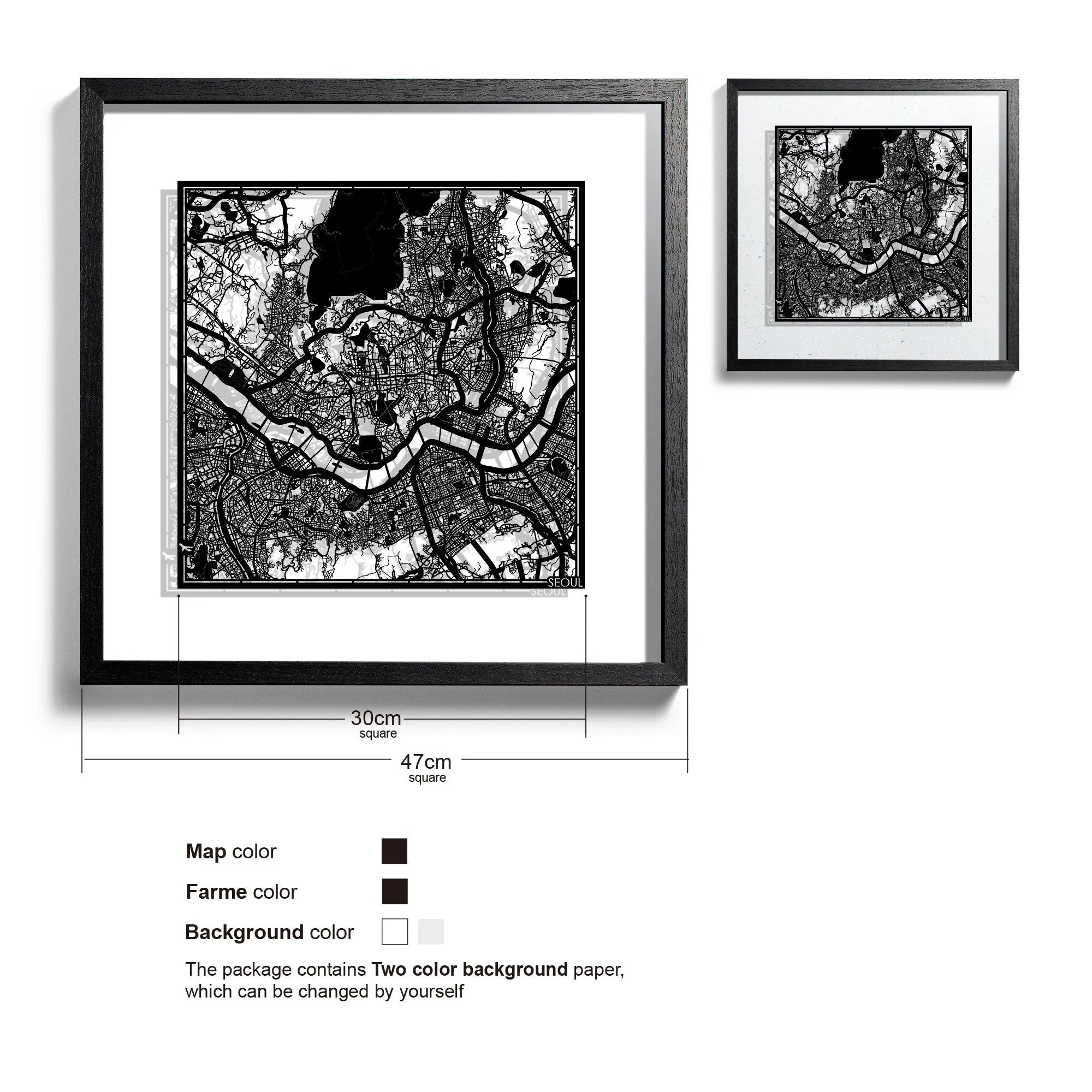 o3designstudio-Seoul-Paper-cut-map-framed-18-inch-Black map Black frame- 45MF1012BB