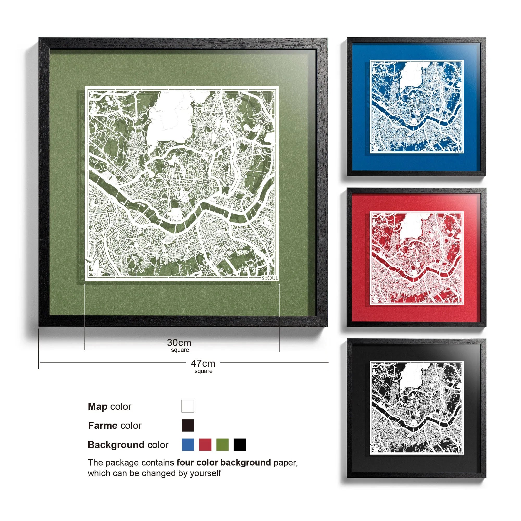 o3designstudio-Seoul-Paper-cut-map-framed-18-inch-White map Black frame- 45MF1012BW