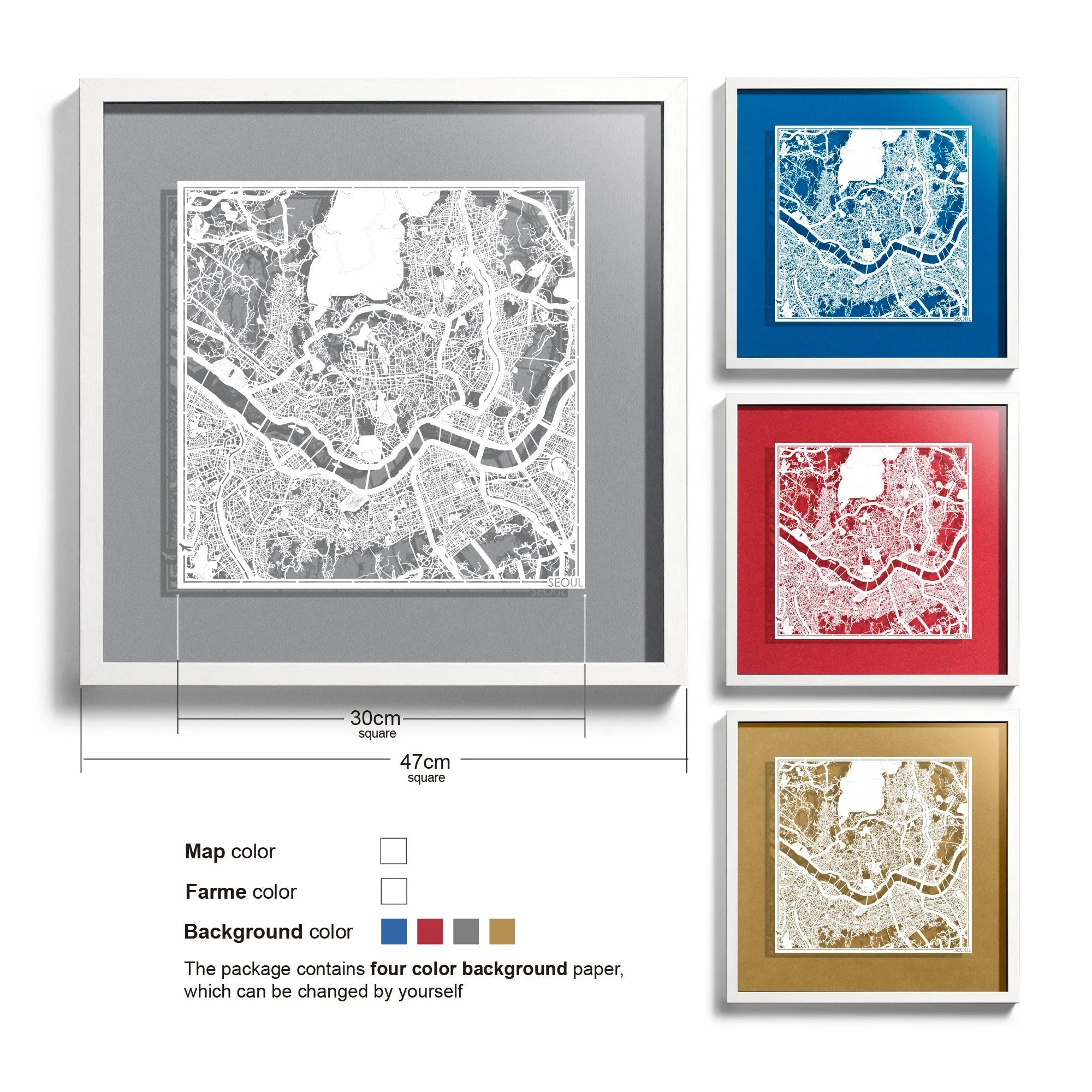 o3designstudio-Seoul-Paper-cut-map-framed-18-inch-White map White frame- 45MF1012WW